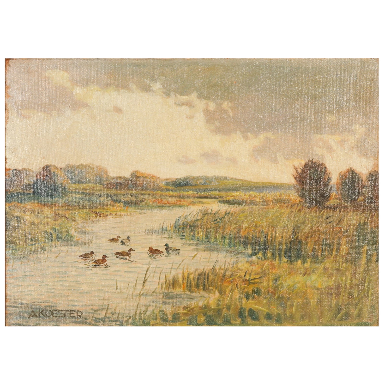 Alexander Koester 1864-1932 Landscape Oil Painting: Alexander Max Koester (German-American, 1864-1932), oil on canvas painting depicting ducks swimming through a tranquil marsh landscape beneath an overcast sky. The atmospheric composition features ree