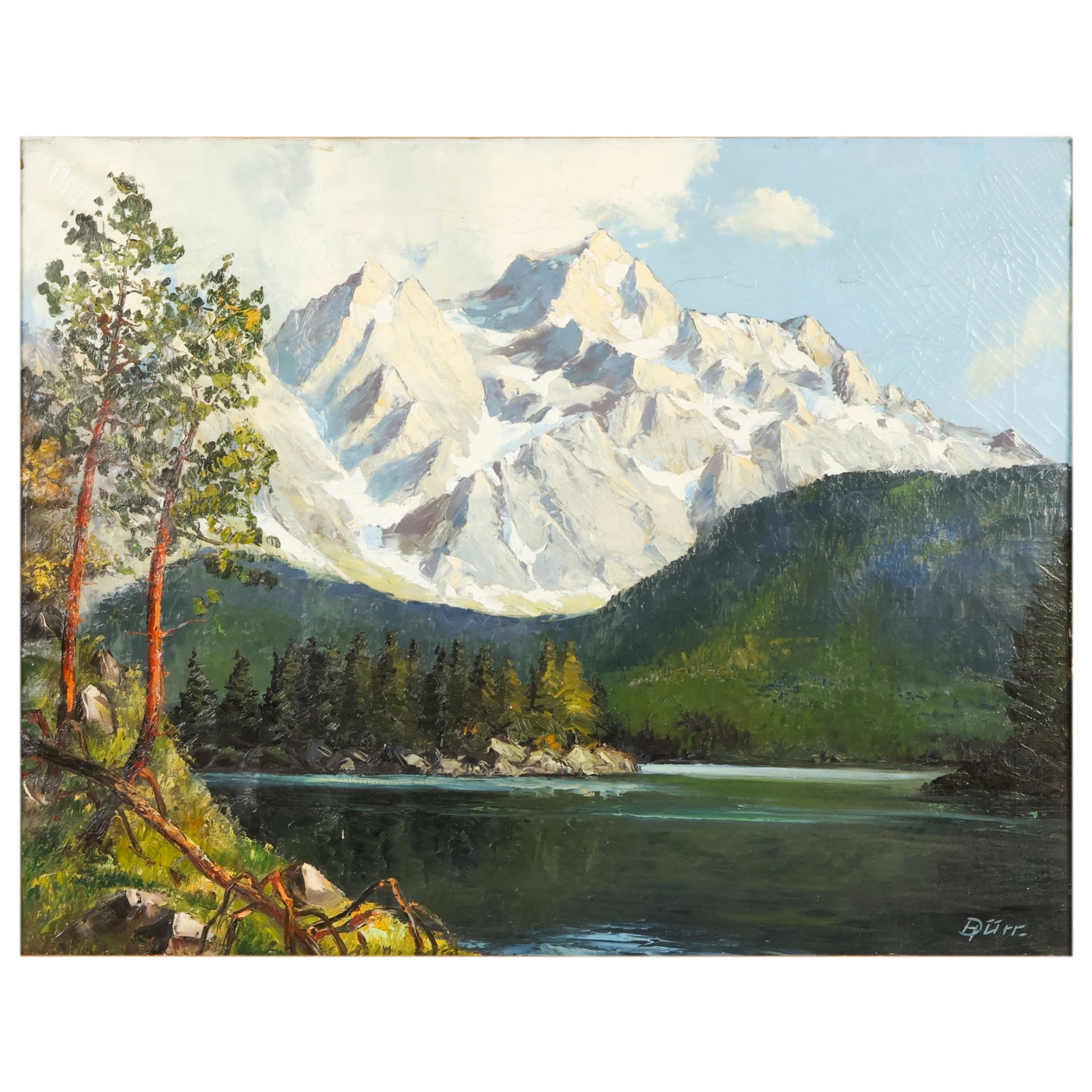 Hans Durr 1913-1993 Alpine Landscape Oil Painting: Hans Durr (German, 1913-1993), oil on canvas landscape painting depicting a dramatic snow-covered alpine mountain range rising above a tranquil lake with evergreen trees in the foreground. Rendered in