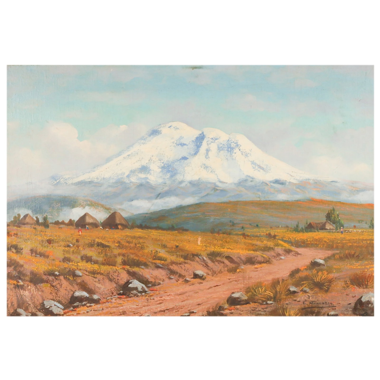 E Moncazin 20C Ecuador Mountain Landscape Painting: E. Moncazin (20th century), oil on board depicting an Ecuadorian landscape with a snow-capped mountain, rural dwellings, and open fields beneath a blue sky. Signed lower right E. Moncazin. Presented i