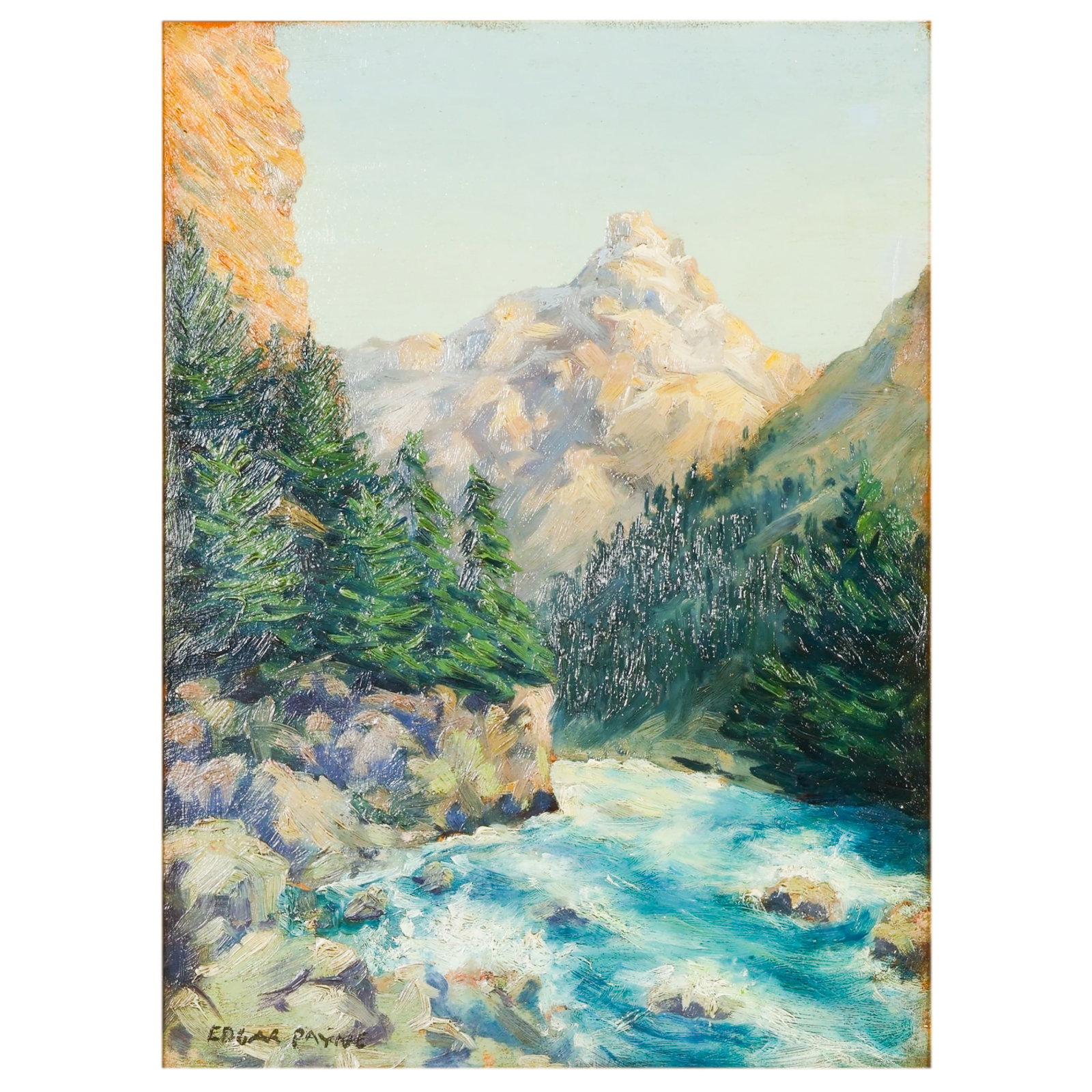 Edgar Payne 1883-1947 Mountain River View Painting: Edgar Alwin Payne (American, 1883-1947), oil painting on board depicting a dramatic mountain landscape with a rushing river and evergreen trees beneath a rocky alpine peak. The composition is rendered