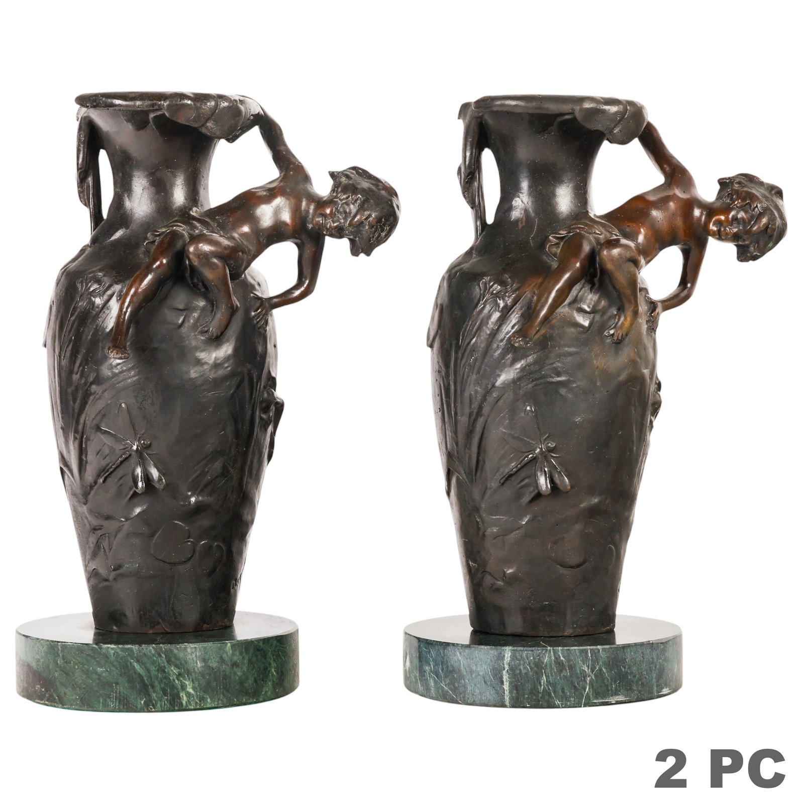 Pair of Bronze Art Nouveau Vases After A. Moreau: After Auguste Moreau (French, 1834-1917), pair of matching bronze figural urn-form vases featuring Art Nouveau-style maiden figures serving as handles, with flowing hair and draped forms incorporated 