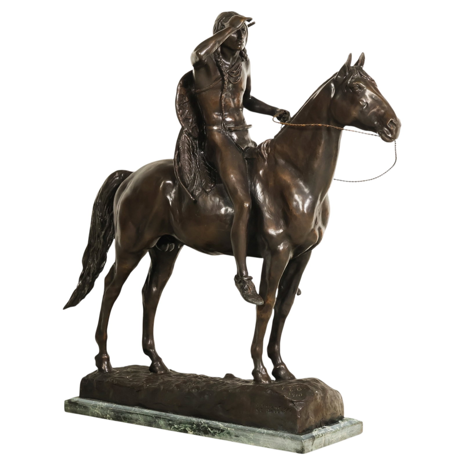 The Scout Bronze Indian After Cyrus Edwin Dallin: After Cyrus Edwin Dallin (American, 1861-1944), bronze figural sculpture titled The Scout, depicting a Native American rider mounted on horseback in a dynamic scouting pose with one hand raised above 