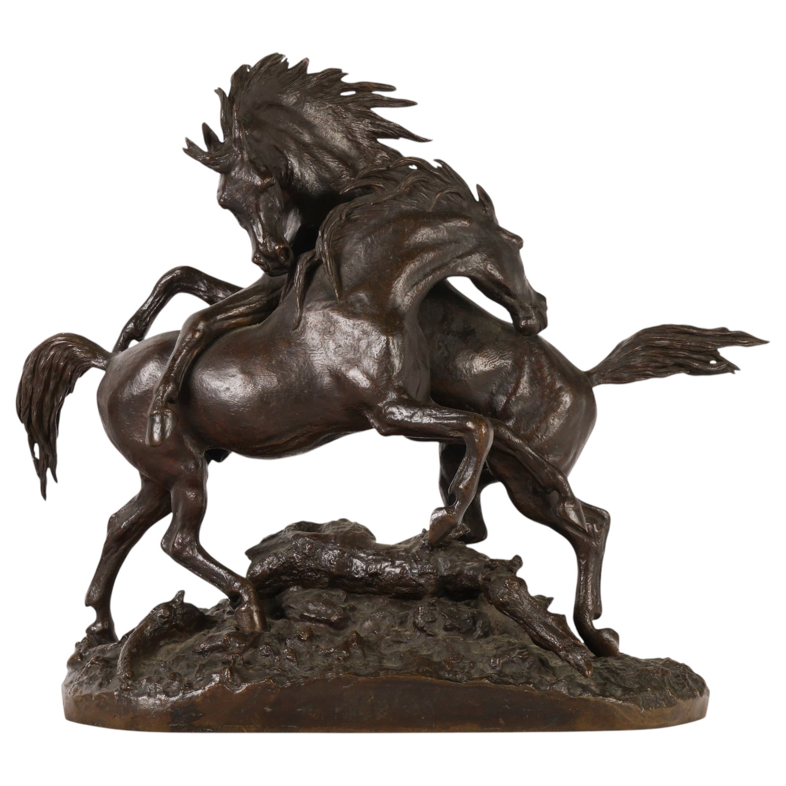 Due Cavalli Horses Bronze Sculpture after C.Fratin: After Christophe Fratin (French, 1801-1864), "Due Cavalli," bronze sculpture depicting two rearing horses in dynamic motion atop a naturalistic rocky base. The expressive composition captures the spir