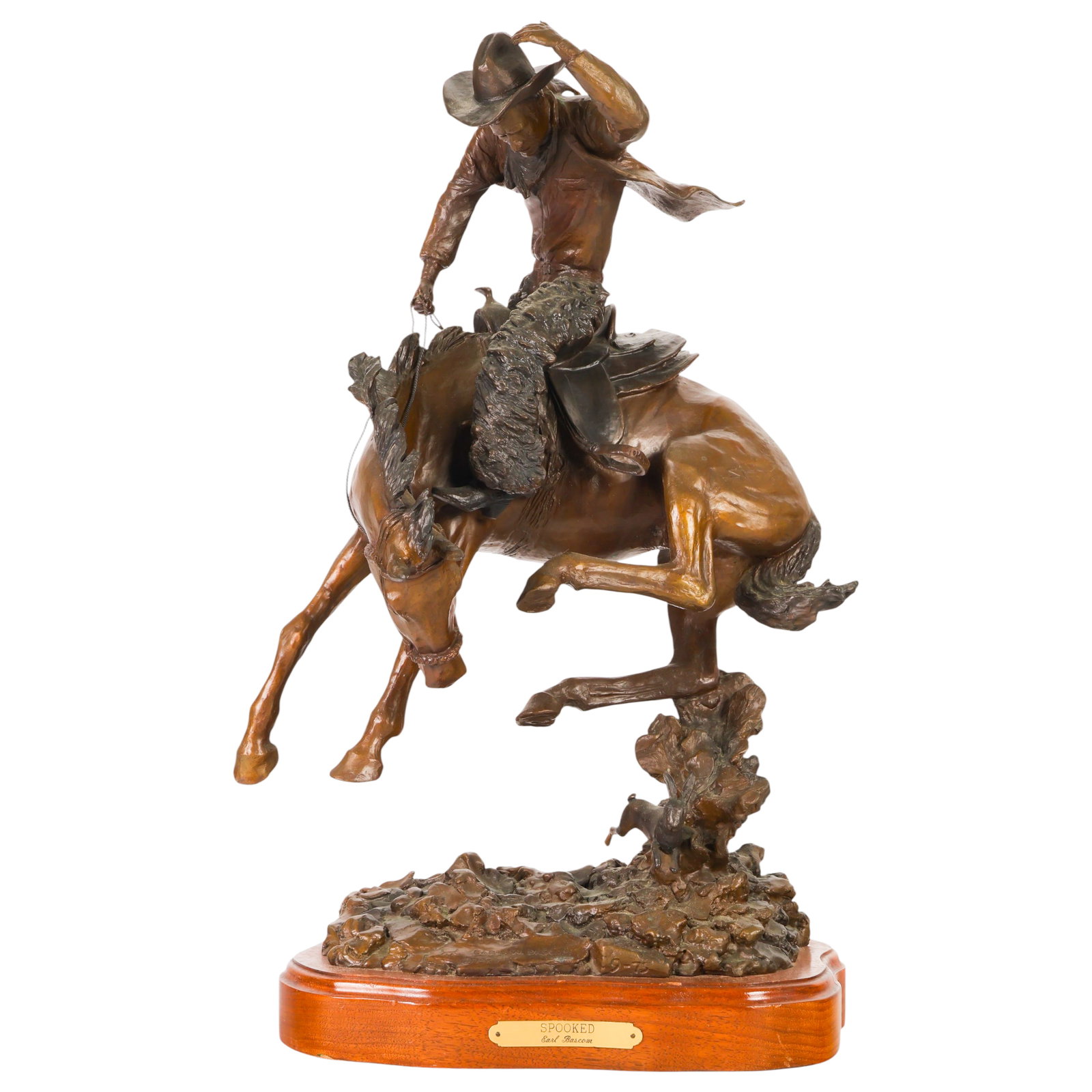 Earl Bascom 1906-1995 Bronze Fazed Horse Sculpture: Earl Bascom (American, 1906-1995), Spooked, bronze sculpture depicting a cowboy rider atop a bucking horse and a jackrabbit on a rocky naturalistic base in a dynamic Western composition. Rendered with