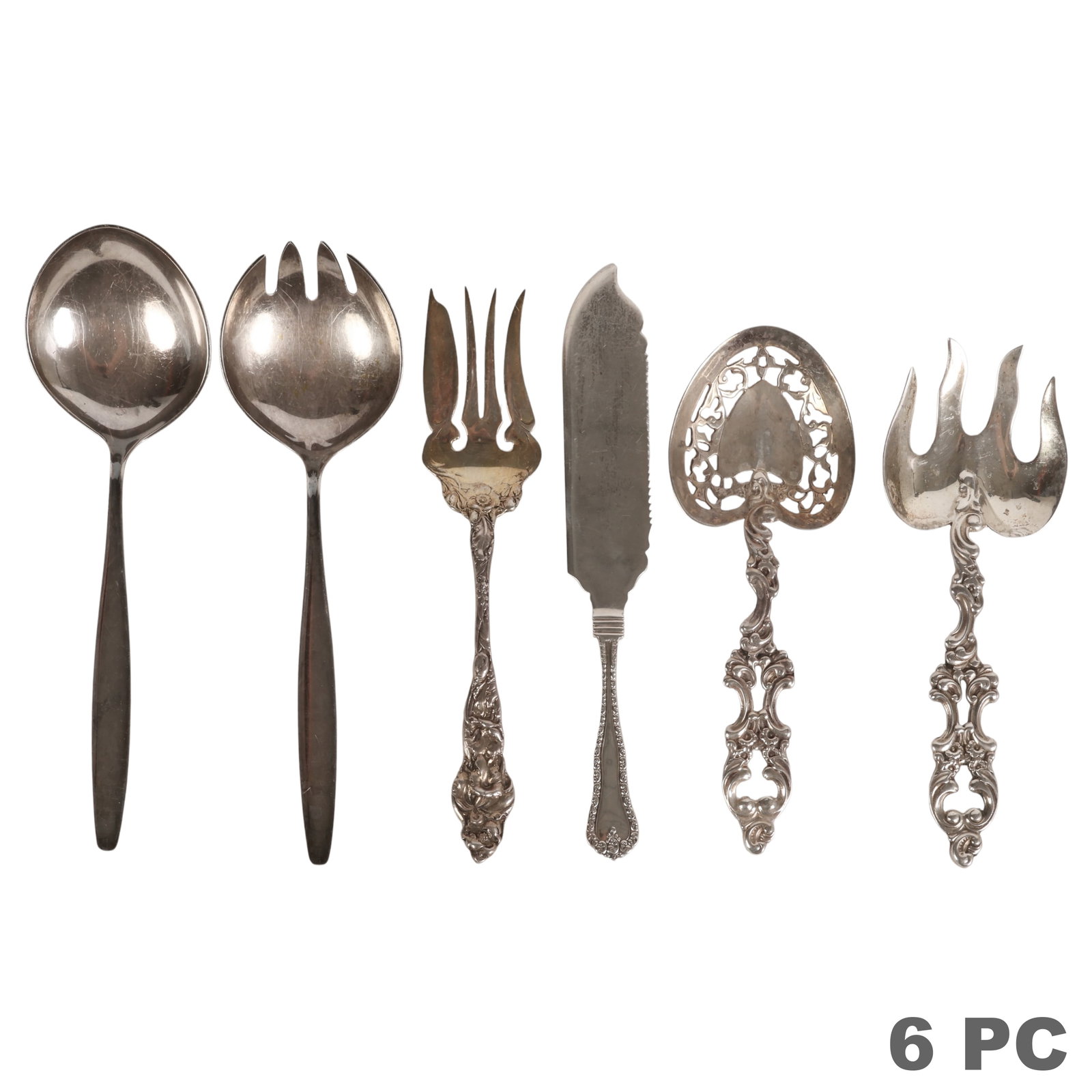 Sterling Silver Georg Jensen and MORE Utensil LOT: 6-piece estate lot of sterling silver serving utensils including a set of MCM Danish designer Cypress pattern serving spoons by Georg Jensen, an ornate pierced Victorian style sterling silver serving 