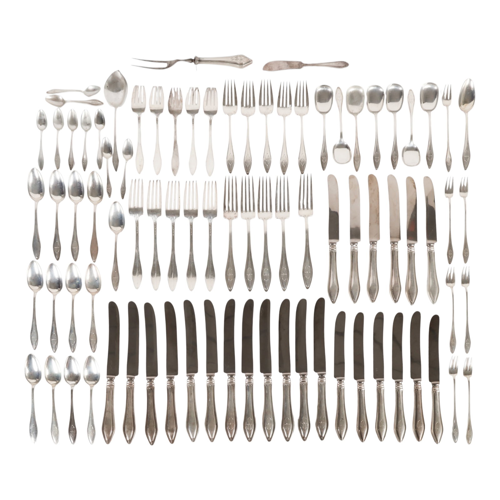 Sterling Silver Mary Chilton Towle Flatware 1,580g: Towle Sterling Silver "Mary Chilton" Pattern 83-piece monogrammed flatware service. Includes 10 dinner forks (8 in.), 10 salad forks (6.5 in.), 14 teaspoons (6 in.), 7 dessert spoons (5.5 in.), 9 demi