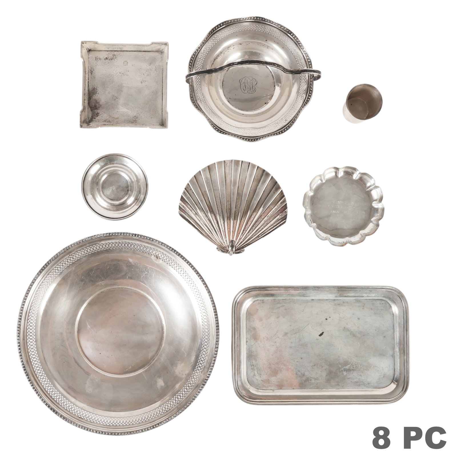 Sterling Silver Trays Dish Cup Basket 8pc LOT 960g: Eight-piece sterling silver tableware and decorative accessory lot. The collection includes a round tray with pierced rim, a small rectangular butler's tray, an engraved tray marked "Masters Paris 196