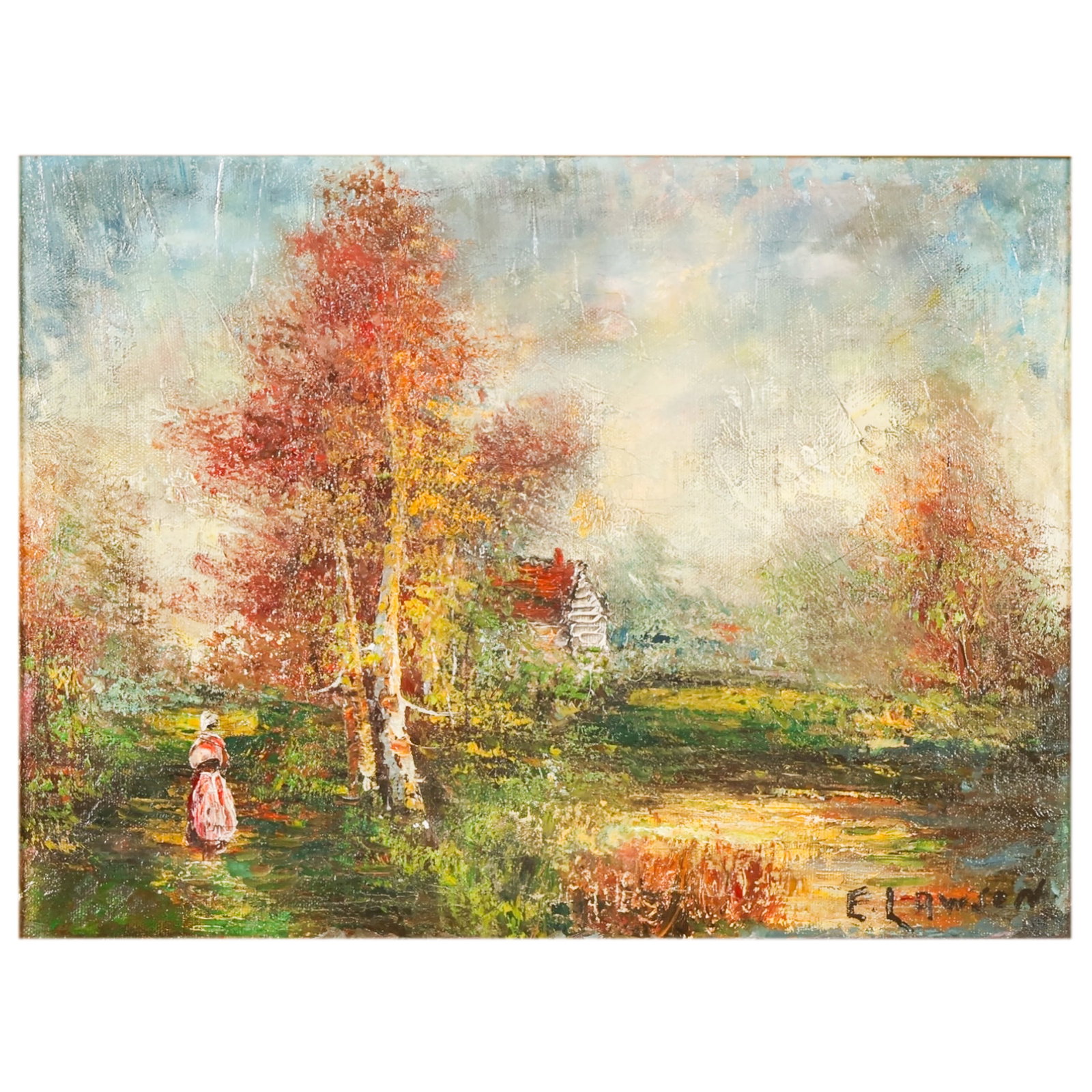 Ernest Lawson 1873-1939 Figural Landscape Painting: Ernest Lawson (Canadian/American, 1873-1939), oil painting on canvas depicting an Impressionist landscape scene with trees, a cottage, and a standing figure beneath an atmospheric sky. Rendered with e