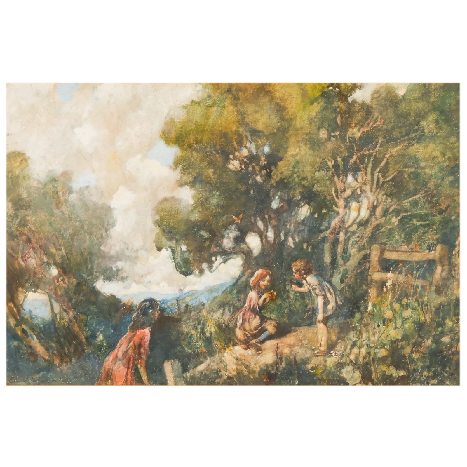 Edward Dufner 1871-1957 Figural Landscape Painting: Edward Dufner, N.A. (American, 1871-1957), gouache and oil painting on canvas board depicting figures gathered within a wooded setting beneath expansive cloud-filled skies. The atmospheric composition