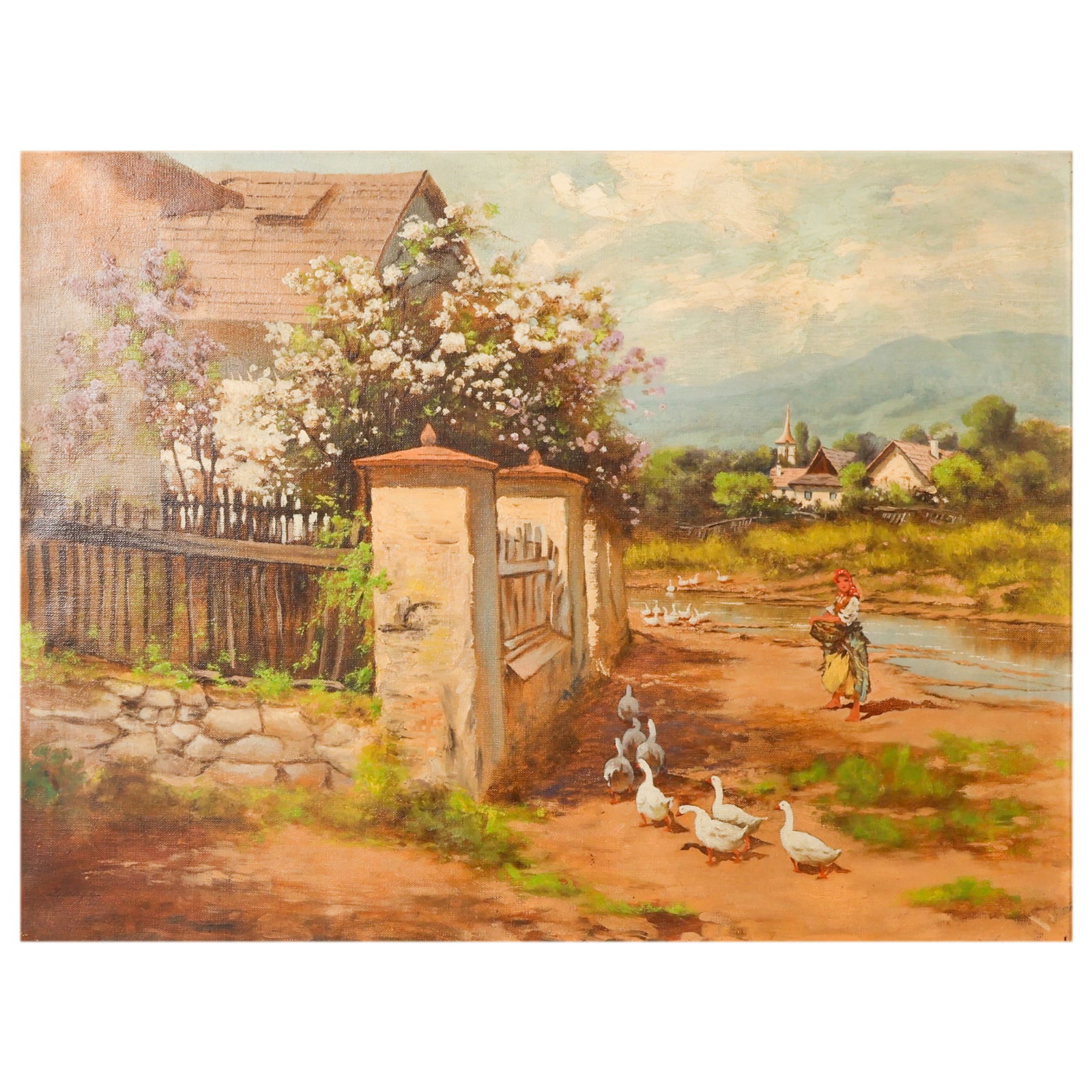 Gyorgy Zilahy 1929-1966 Young Girl With Geese: Gyorgy Zilahy (Hungarian, 1929–1966), Young Girl With Geese, oil on canvas depicting a pastoral village scene with a young woman tending a flock of geese along a riverbank. Blossoming trees frame a 