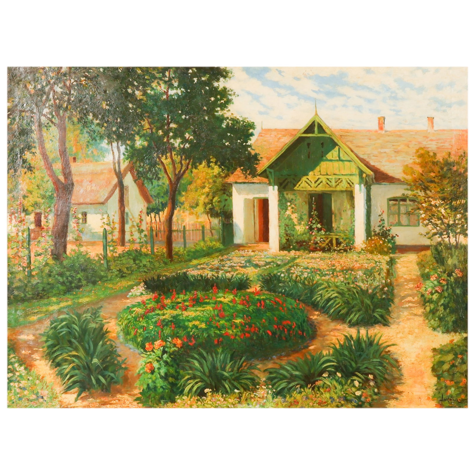 Janos Lukacsy 1884-1944 Country Garden Painting: Janos Lukacsy (Hungarian, 1884–1944) Country Garden, oil on canvas depicting a meticulously maintained country garden before a traditional rural homestead. The composition features a circular flower