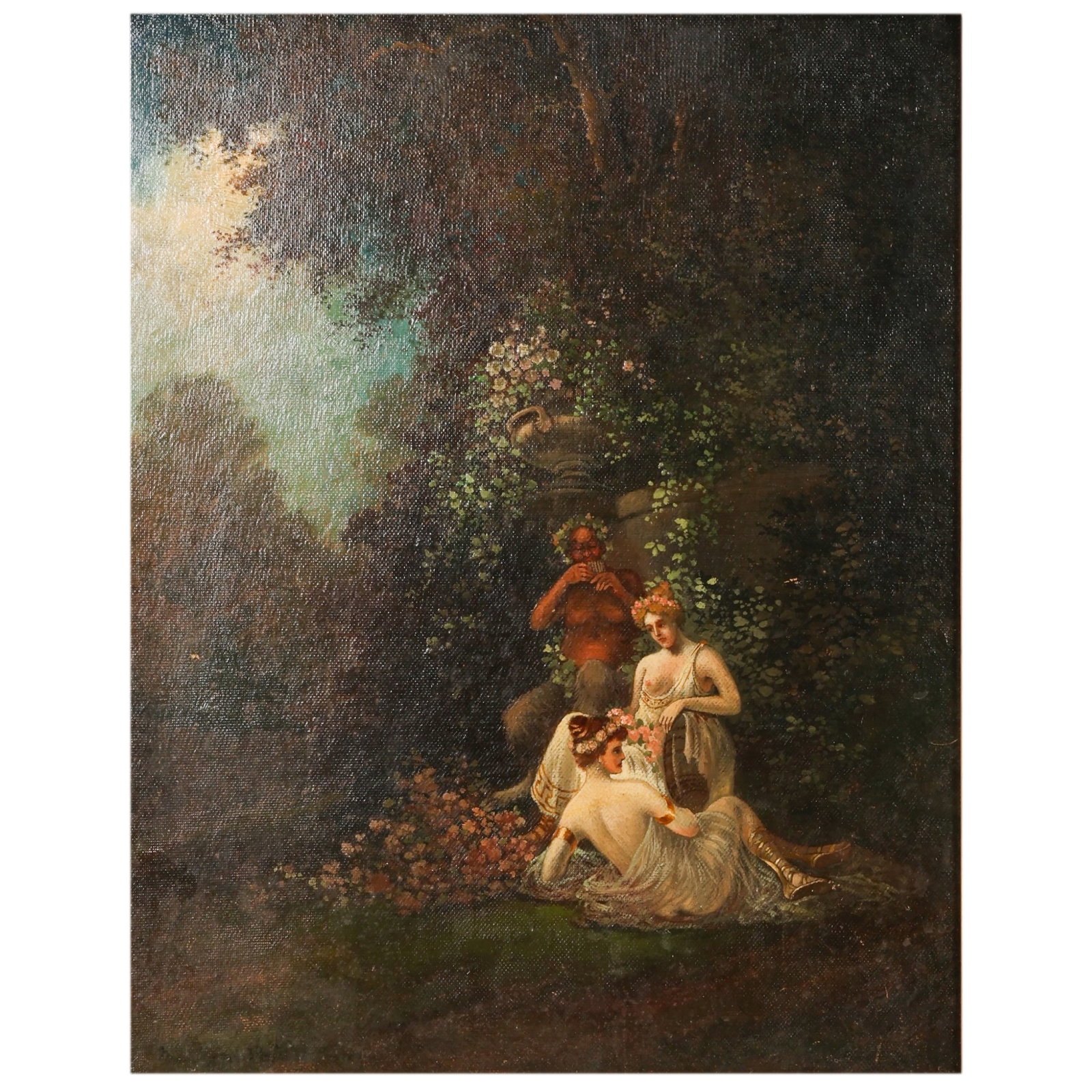 Milos Santho 1869-1932 Maidens and Satyr Painting: Milos Santho (Hungarian, 1869-1932), antique oil on canvas mythological figural scene depicting a satyr playing pan pipes while seated among flowering foliage beside two classically draped maidens in 