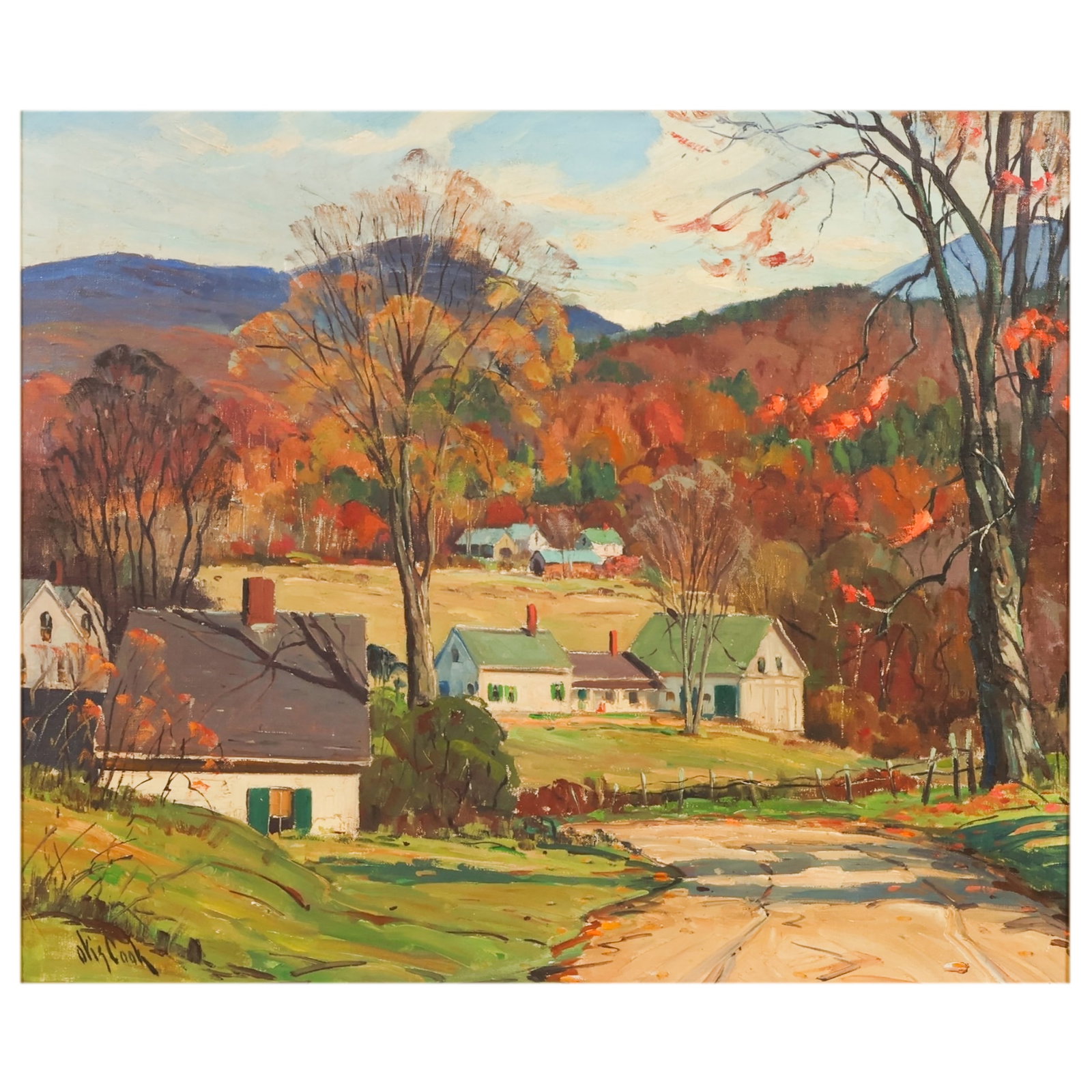 Otis Pierce Cook Jr 1900-1980 Landscape Painting: Otis Pierce Cook Jr. (American, 1900-1980), oil on canvas painting depicting a scenic rural landscape with cottages, a winding roadway, autumnal trees, and a mountain backdrop rendered in a naturalist