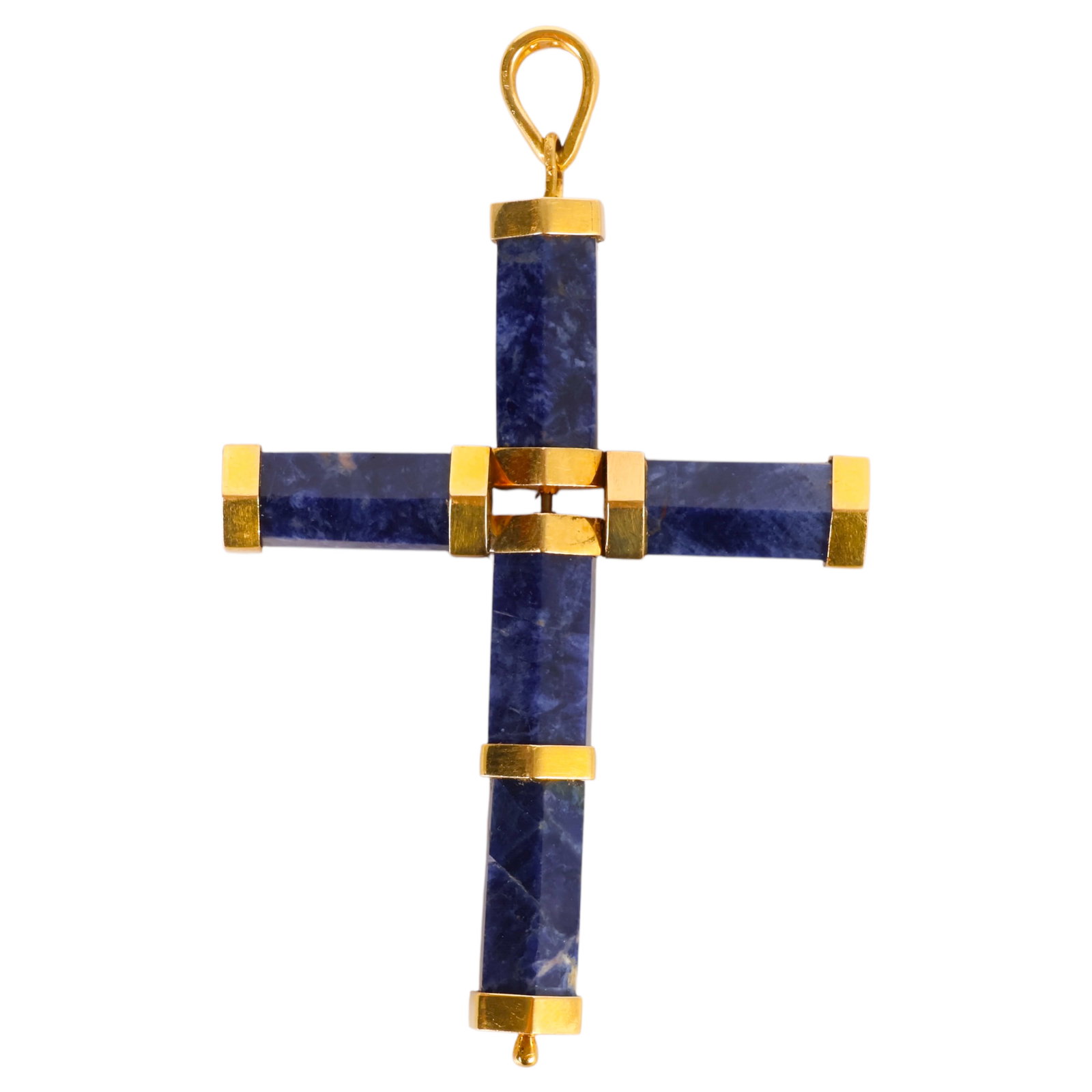18K Gold and Lapis Lazuli Vintage Cross Pendant: Vintage 18K yellow gold and natural lapis lazuli cross pendant featuring rich royal blue coloration with yellow gold mounting throughout. The pendant is designed in a classic cross form with polished 