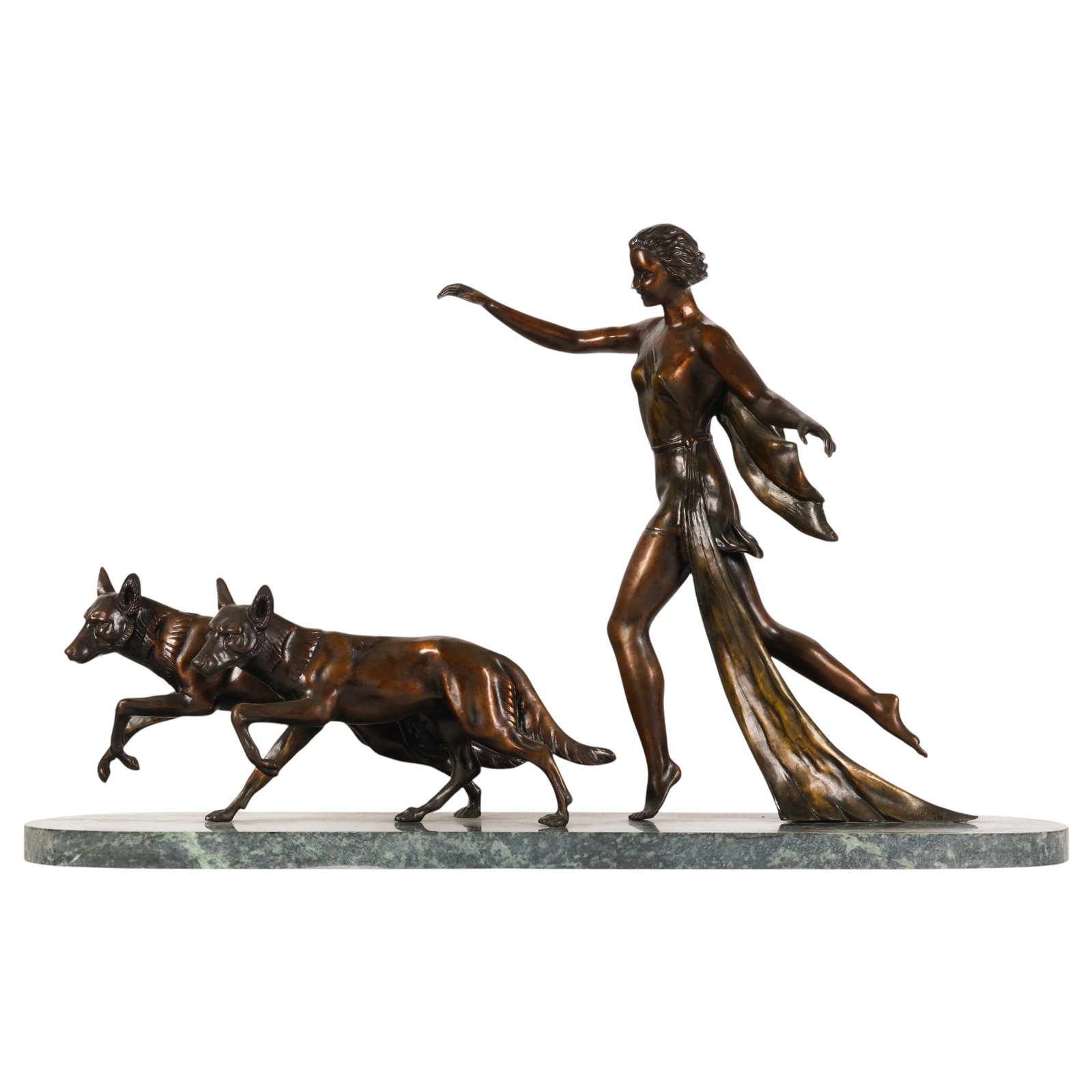 Diana and the Wolves Bronze Statue after Chiparus: After Demetre Chiparus (Romanian, 1886-1947), Art Deco style patinated bronze sculpture depicting Diana and the Wolves, featuring a female figure in a flowing draped garment accompanied by two running