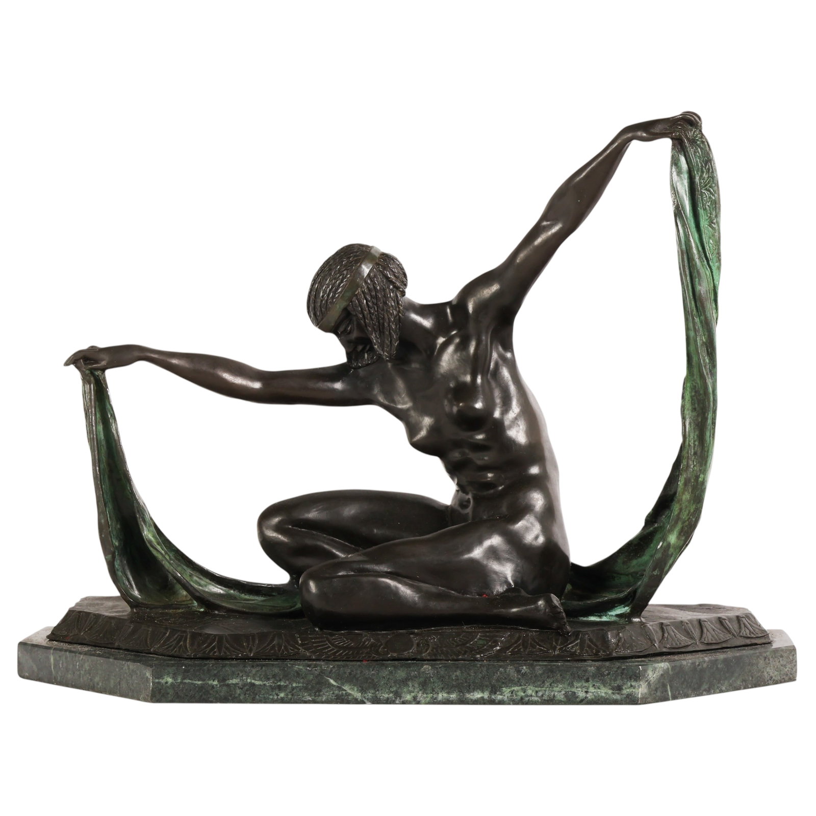 Isis Egyptian Lady Bronze Sculpture after Colinet: After Claire Jeanne Roberte Colinet (French-Belgian, 1880-1950), bronze figural sculpture titled Isis, depicting an Egyptian Revival stylized Art Deco nude female figure in a dramatic bowed pose with 