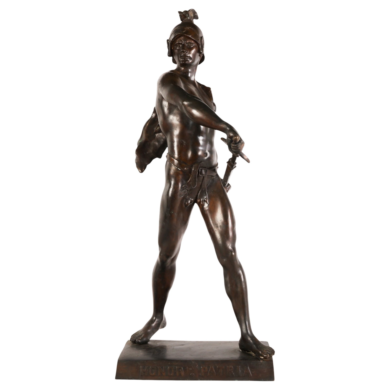 HONOR PATRIA Bronze Sculpture After Emile Picault: After Emile Louis Picault (French, 1833-1915), bronze figural sculpture titled Honor Patria, depicting a classical nude male warrior wearing a crested helmet and holding a short sword at his side. The