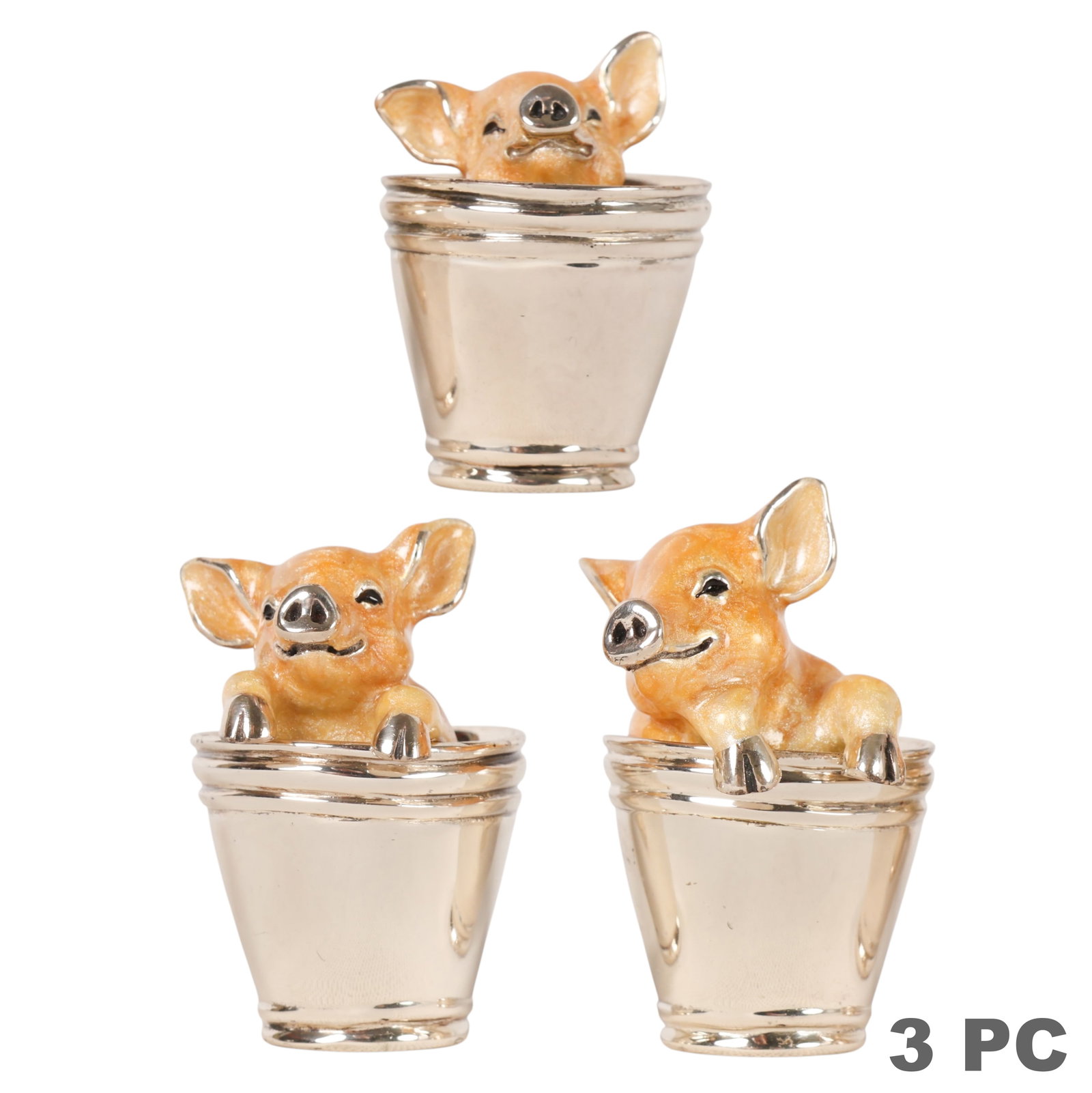 Saturno Sterling Silver Enameled Pig Figurine 3pc.: Three Saturno Italian luxury sterling silver and enameled pig figurines designed by Francis Howard. Each example is crafted in .925 sterling silver and features hand-enameled pig figures with naturali