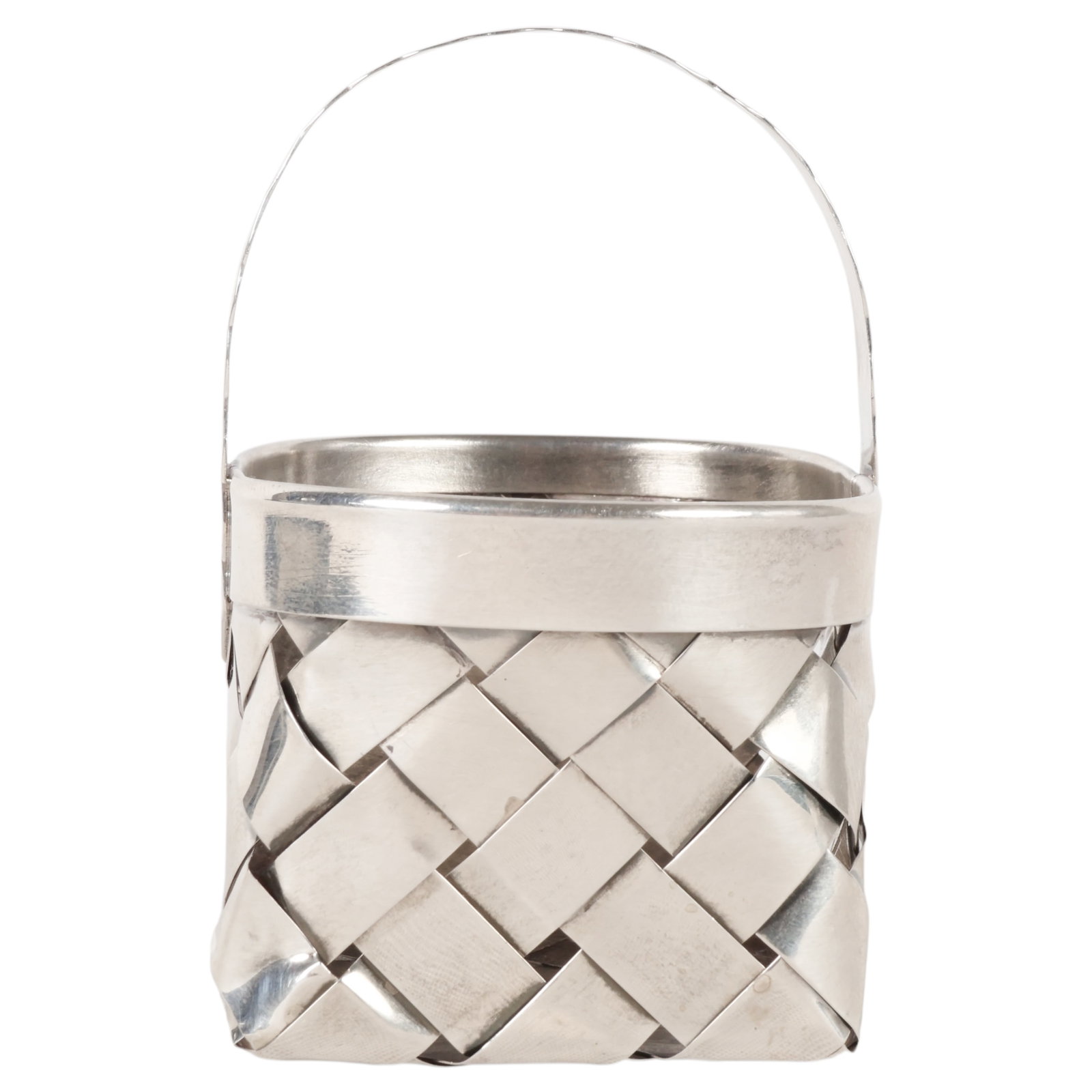 Cartier Sterling Silver Woven Monogram Basket 45g.: Cartier French designer sterling silver basket-form vessel featuring a monogrammed handle and woven openwork body. Marked Cartier Hand Made Sterling. Combined approximate weight: 45 grams. Dimensions: