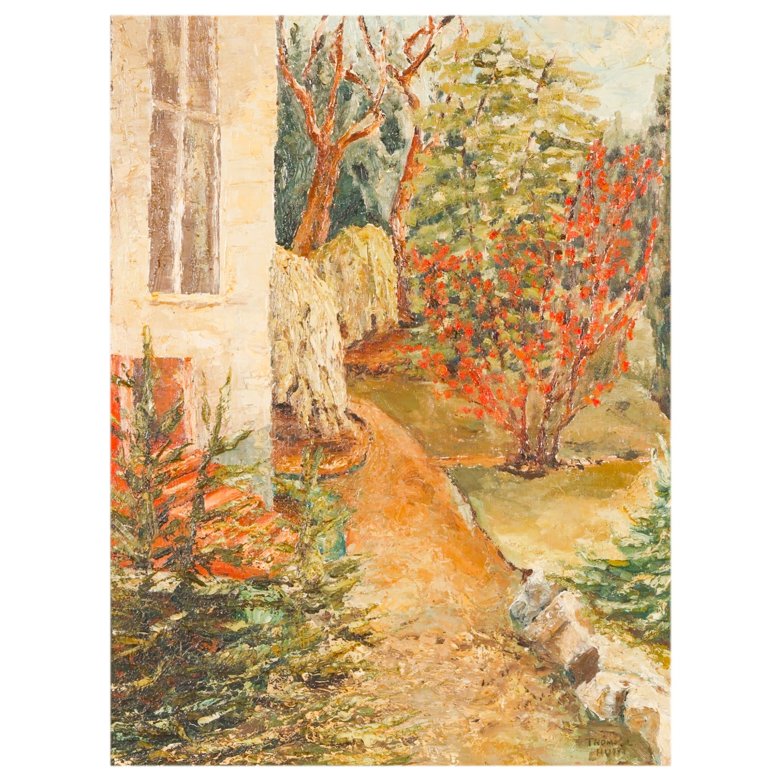 Thomas Lorranie Hunt 1882-1938 Garden Oil Painting: Thomas Lorraine Hunt (American, 1882-1938), oil painting on canvas depicting a garden pathway beside a stone building with flowering shrubs and trees rendered in an expressive Impressionist manner. Th