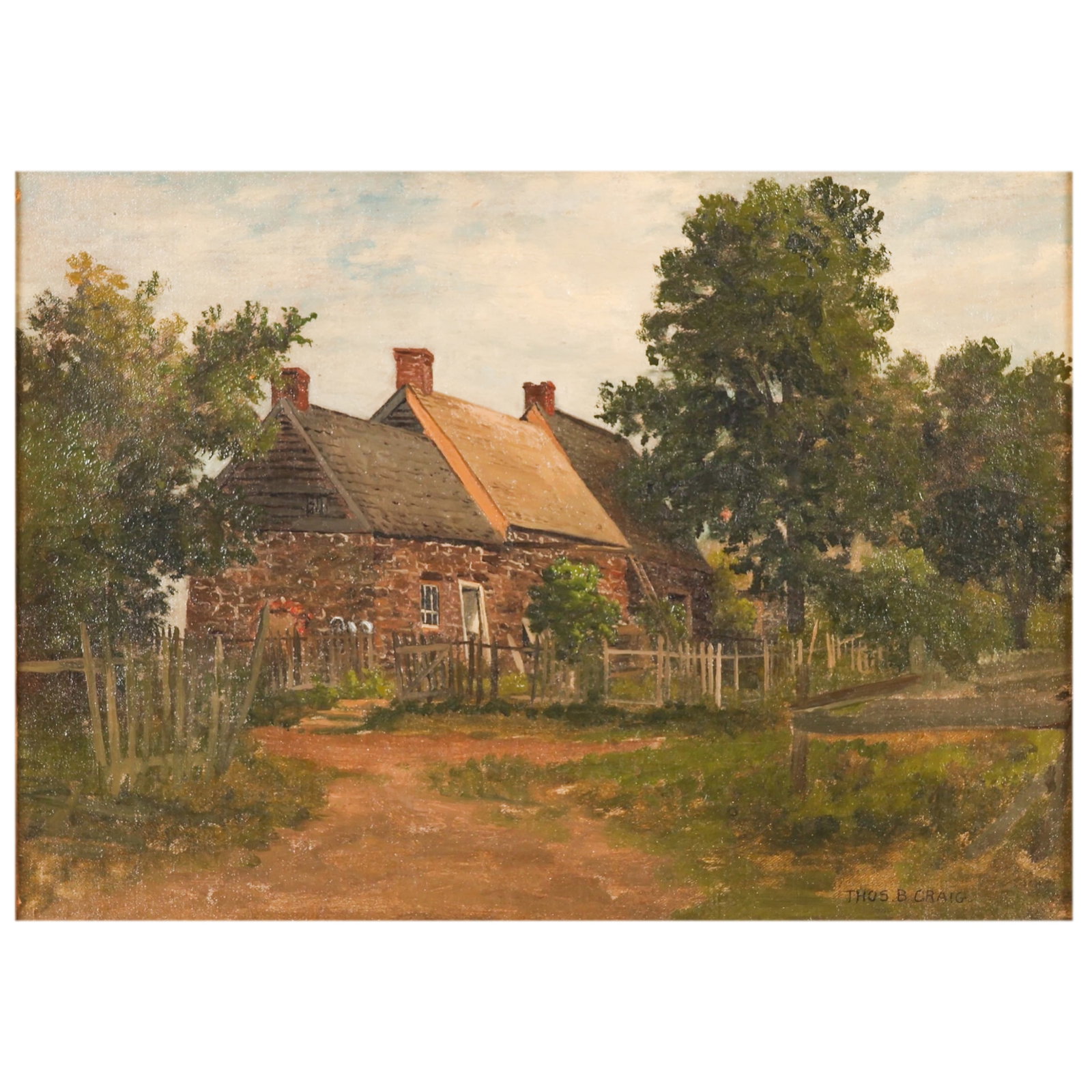 Thomas Bigelow Craig 1849-1924 Homestead Painting: Thomas Bigelow Craig (American, 1849-1924), antique oil on canvas landscape painting depicting a quaint rural homestead with stone cottages, fencing, and surrounding trees beneath a cloud-filled sky. 