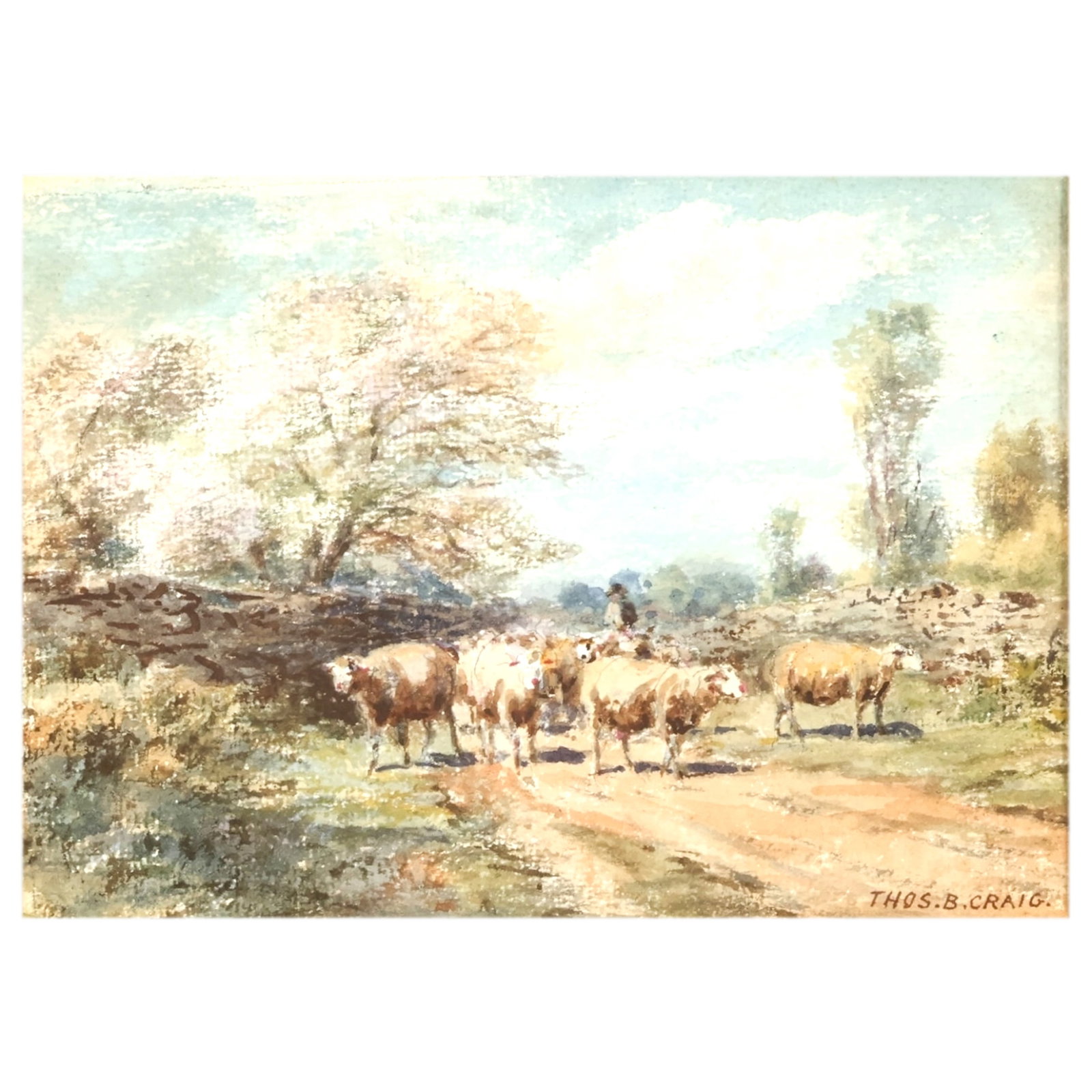 Thomas Bigelow Craig 1849-1924 Pastoral Watercolor: Thomas Bigelow Craig (American, 1849-1924), watercolor painting on paper depicting a flock of sheep crossing a country road beneath tall trees and an open sky. The pastoral composition demonstrates th
