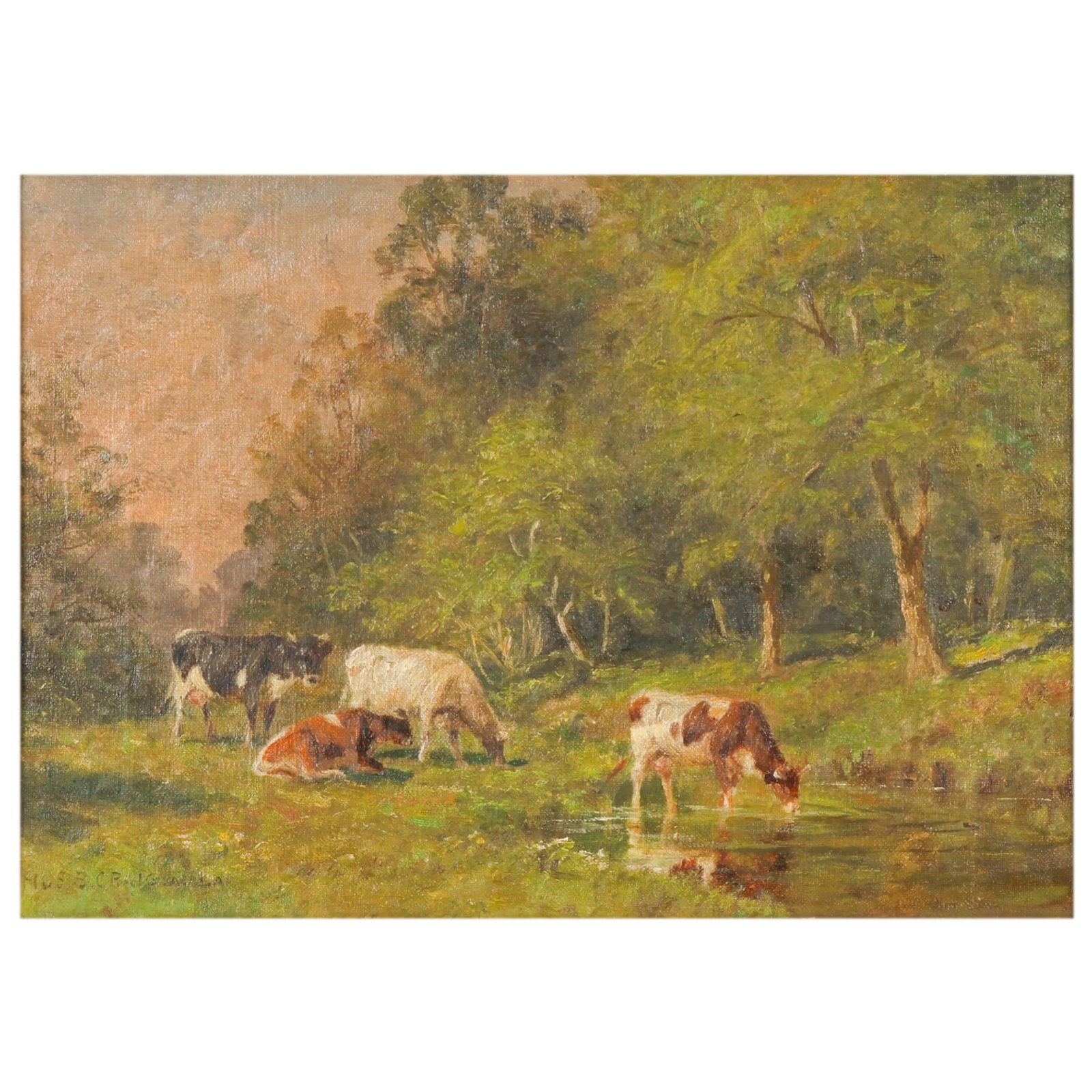 Thomas Bigelow Craig 1849-1924 Summer Day Painting: Thomas Bigelow Craig (American, 1849-1924), antique oil on canvas painting titled "Summer Days" depicting cattle grazing and drinking beside a wooded stream in a tranquil pastoral landscape. Rendered 