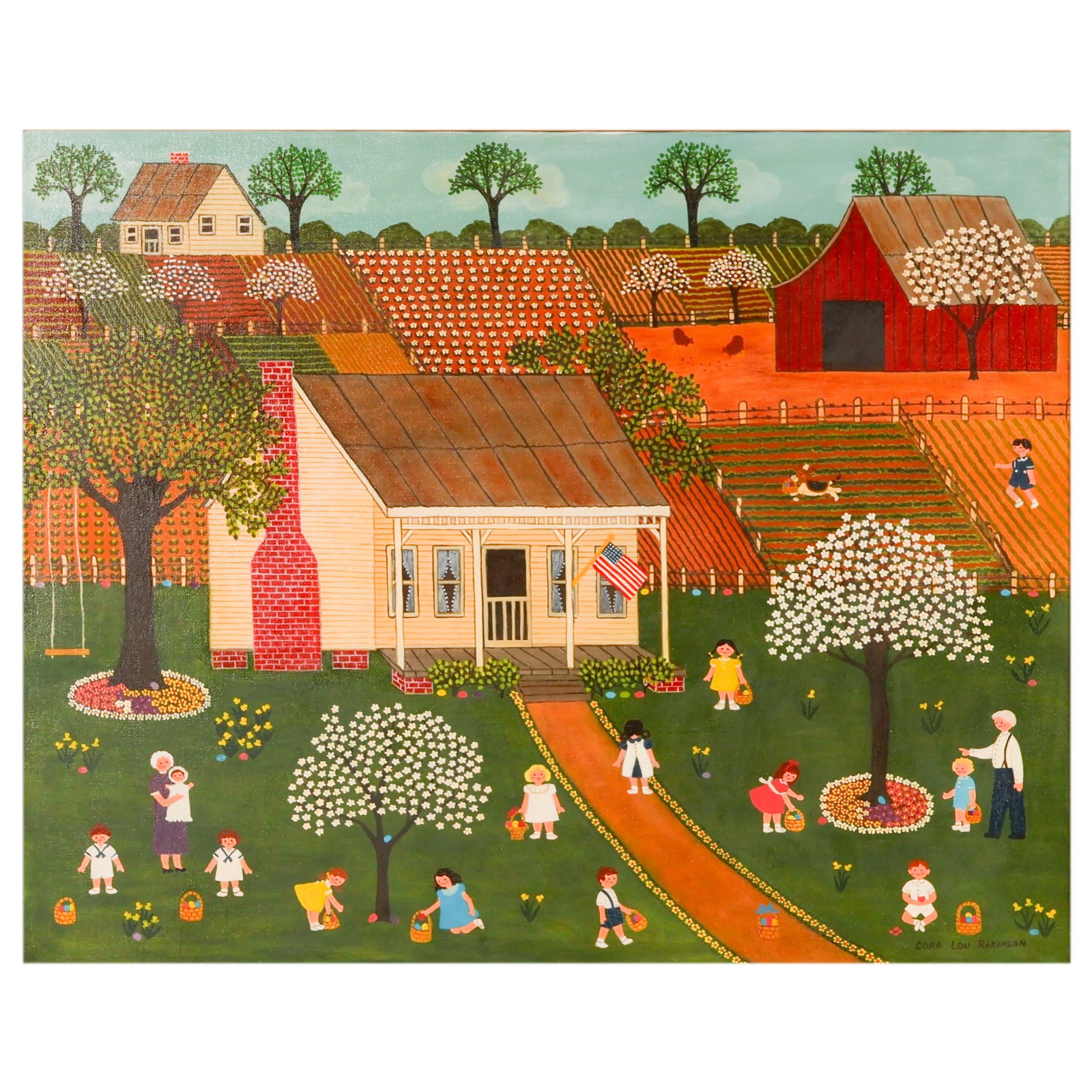 Cora Lou Robinson b.1935 Home Landscape Painting: Cora Lou Robinson (American, born 1935), acrylic on canvas folk art painting depicting a farmhouse, barn, cultivated fields, flowering trees, children gathering eggs, and figures within a rural farm s