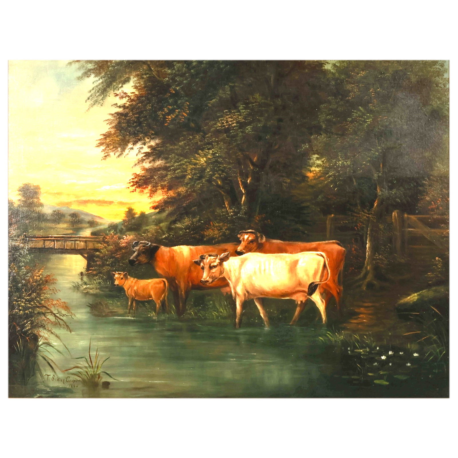 Thomas Sidney Cooper 1803-1902 Pastoral Painting: Thomas Sidney Cooper (British, 1803-1902), oil on canvas pastoral landscape painting depicting cattle standing in shallow water near a wooded riverbank at sunset, with a bridge and distant rolling hil
