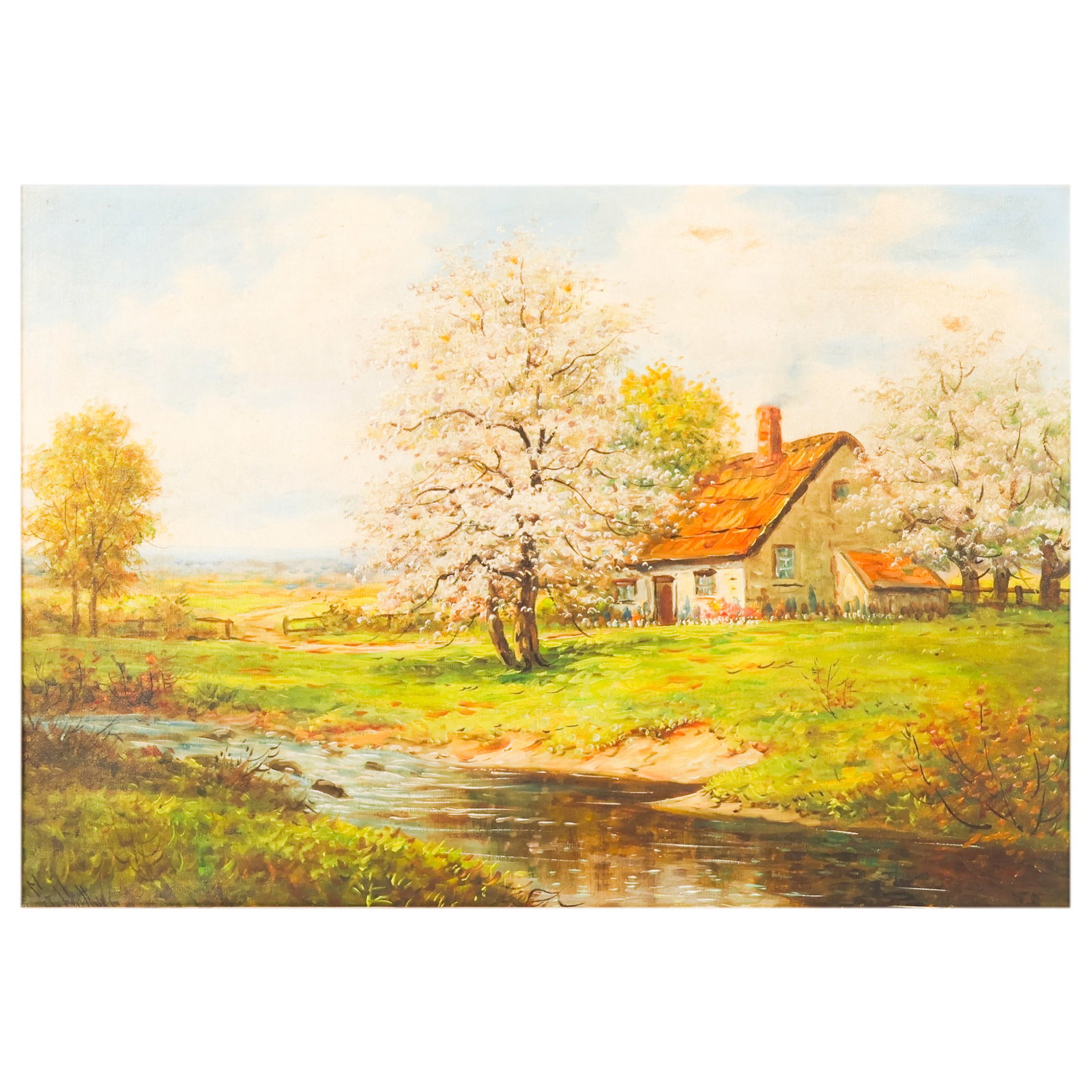 Gregory Hollyer 1871-1965 Cottage Scene Painting: Gregory Hollyer (British, 1871-1965), oil on canvas landscape painting depicting a countryside cottage beside a flowing stream with blossoming trees beneath a bright sky. Rendered in soft naturalistic