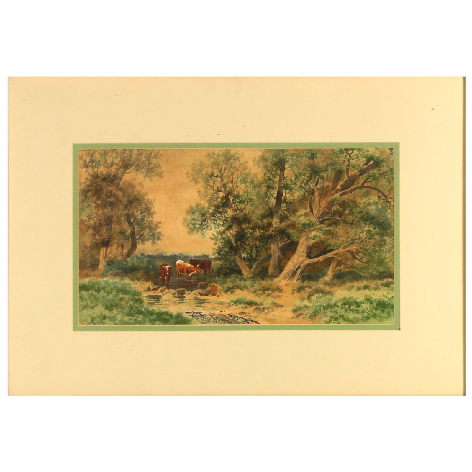 William Heaton Cooper 1903-1995 Pastoral Painting: William Heaton Cooper (British, 1903-1995), watercolor on paper landscape painting depicting cattle gathered near a wooded stream beneath large trees in a pastoral countryside setting. Rendered in nat