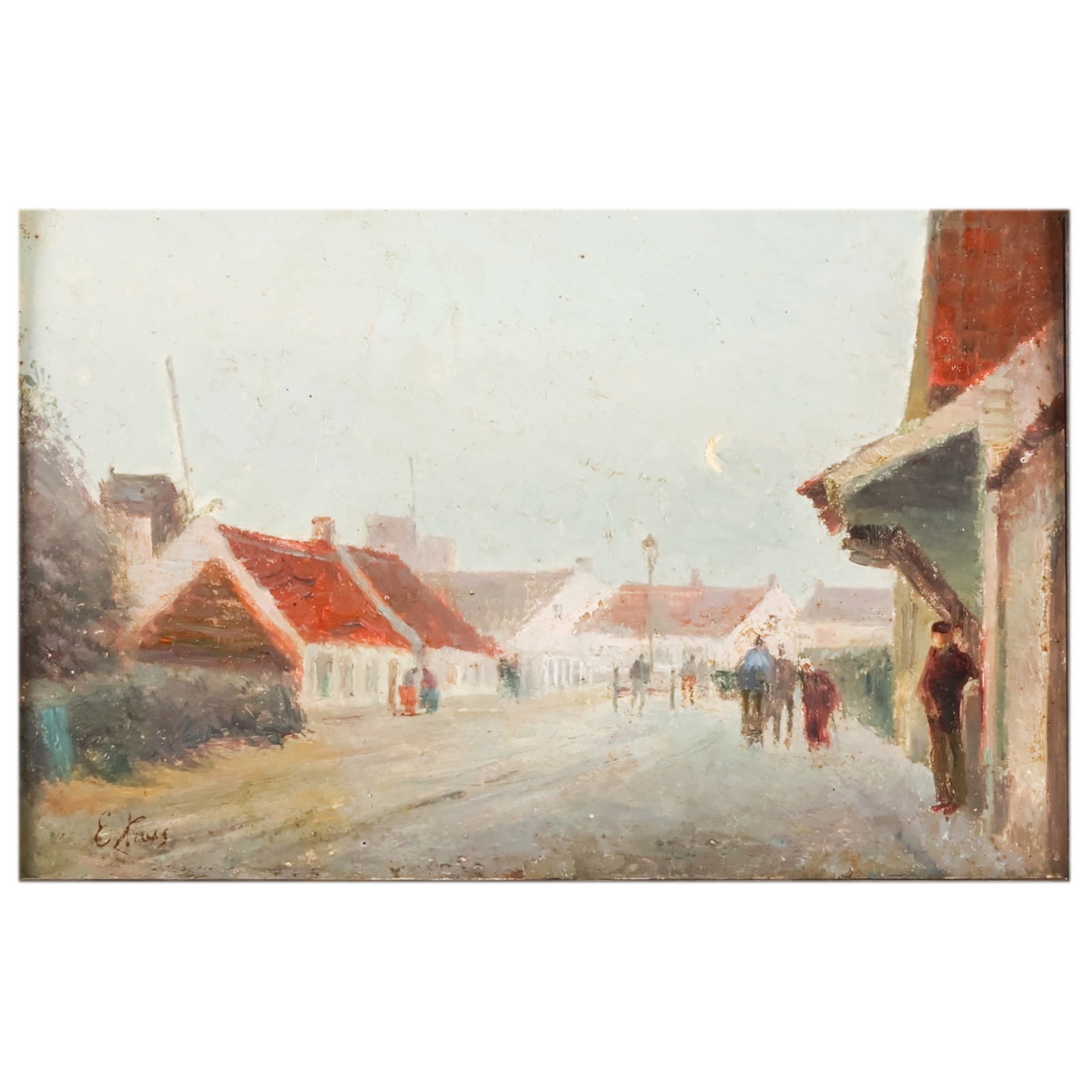 Edouard Krug 1829-1901 Moonlit Village Painting: Edouard Krug (French, 1829-1901), oil on wood panel street scene painting depicting a quiet village roadway with figures strolling among cottages beneath a moonlit sky. Rendered in a naturalistic mann