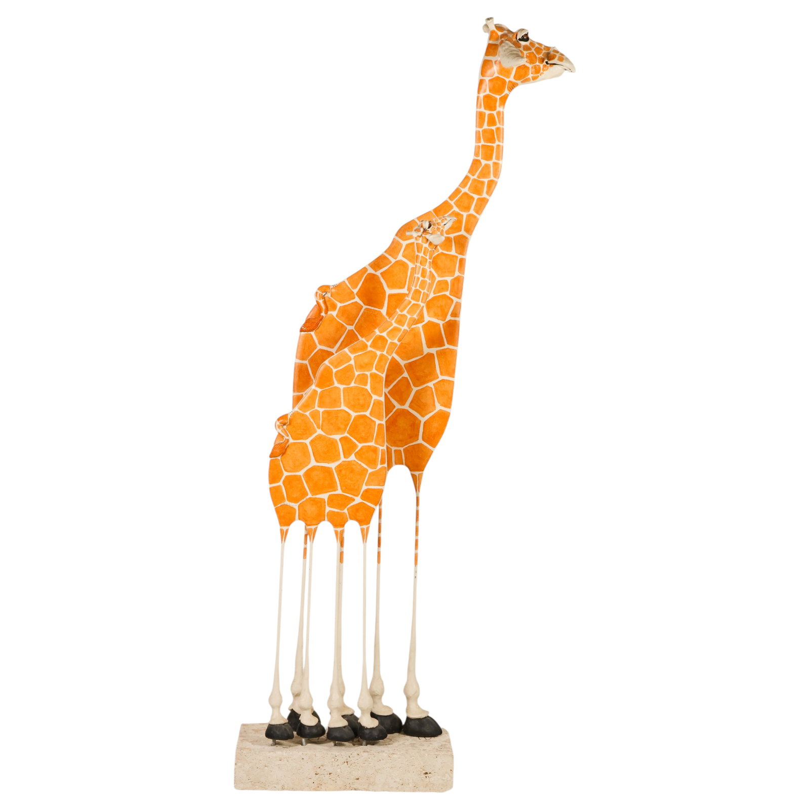 Todd Warner 1945-2022 Giraffe Mom & Baby Sculpture: Todd Warner (American, 1945-2022), ceramic art and painted resin studio art sculpture depicting a mother giraffe and calf with elongated necks and patterned surface decoration. Mounted on a travertine