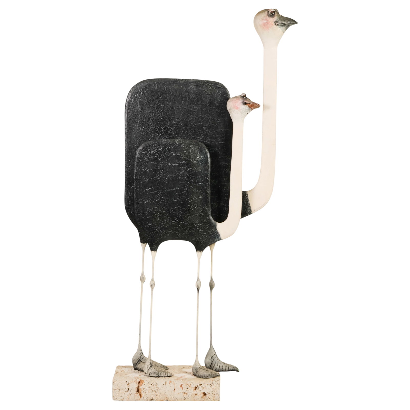 Todd Warner 1945-2022 Ostrich Mom & Baby Sculpture: Todd Warner (American, 1945-2022), ceramic art and painted resin studio art sculpture depicting an ostrich and chick with elongated necks, black bodies, white legs, and hand-painted facial features. M