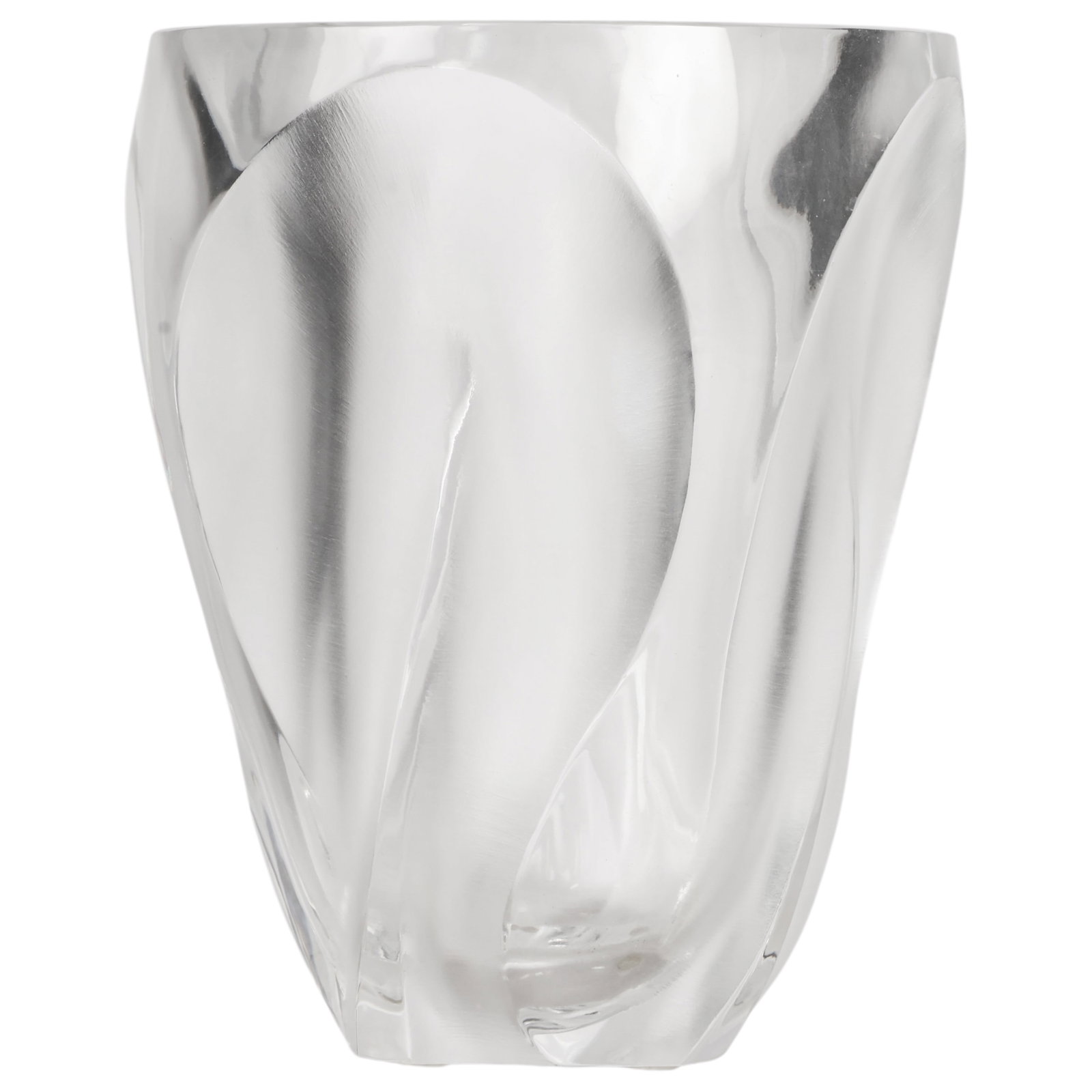 Lalique French Crystal Ingrid Frosted Flower Vase: Lalique France crystal vase in the Ingrid pattern, featuring frosted and clear crystal molded forms in relief. Signed "Lalique France" to the underside. Dimensions: 10.5 X 8.5 X 8.5 in. Condition: