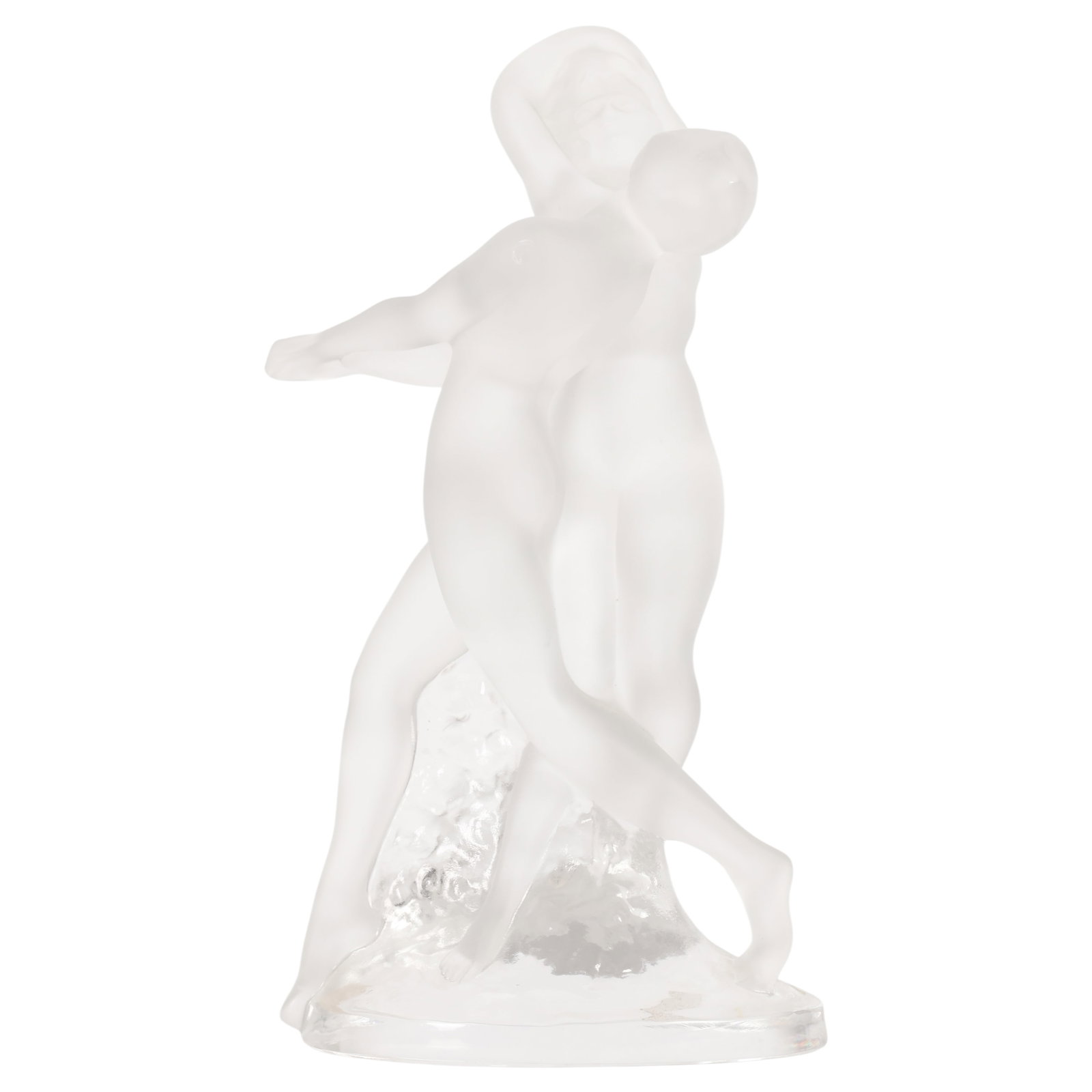 Lalique French Crystal Deux Danseuses Nude Figure: Lalique France "Deux Danseuses" frosted and clear crystal sculpture depicting two intertwined nude female dancers atop a textured base. Featuring figural and Art Deco-inspired design, the sculpture is
