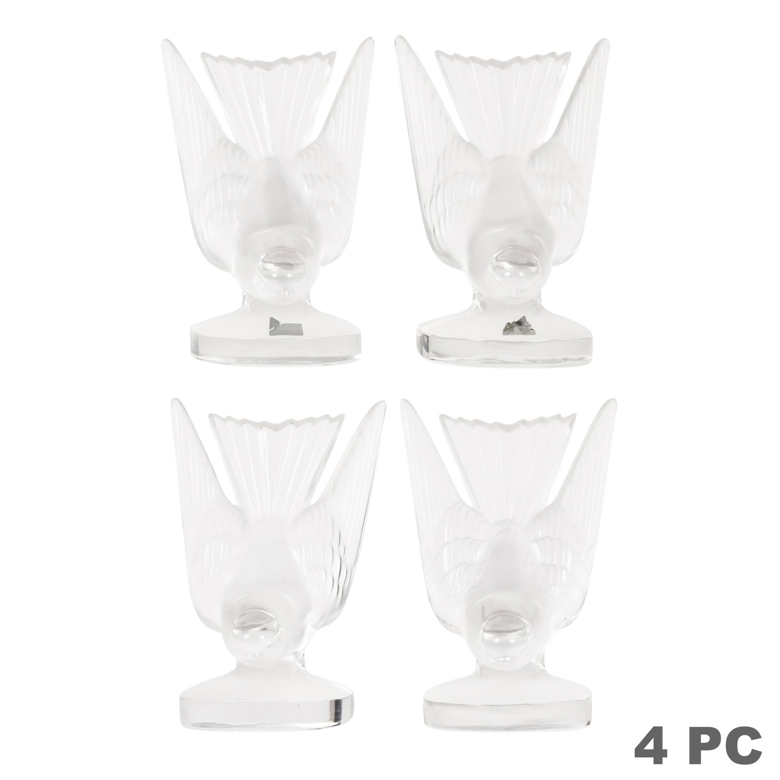 Lalique Crystal Deux Hirondelles Bookends 4pc LOT: Collection of four Lalique France "Deux Hirondelles" (Two Swallows) crystal bird bookends, each modeled as a pair of stylized frosted and clear crystal swallows with finely molded feather details and 