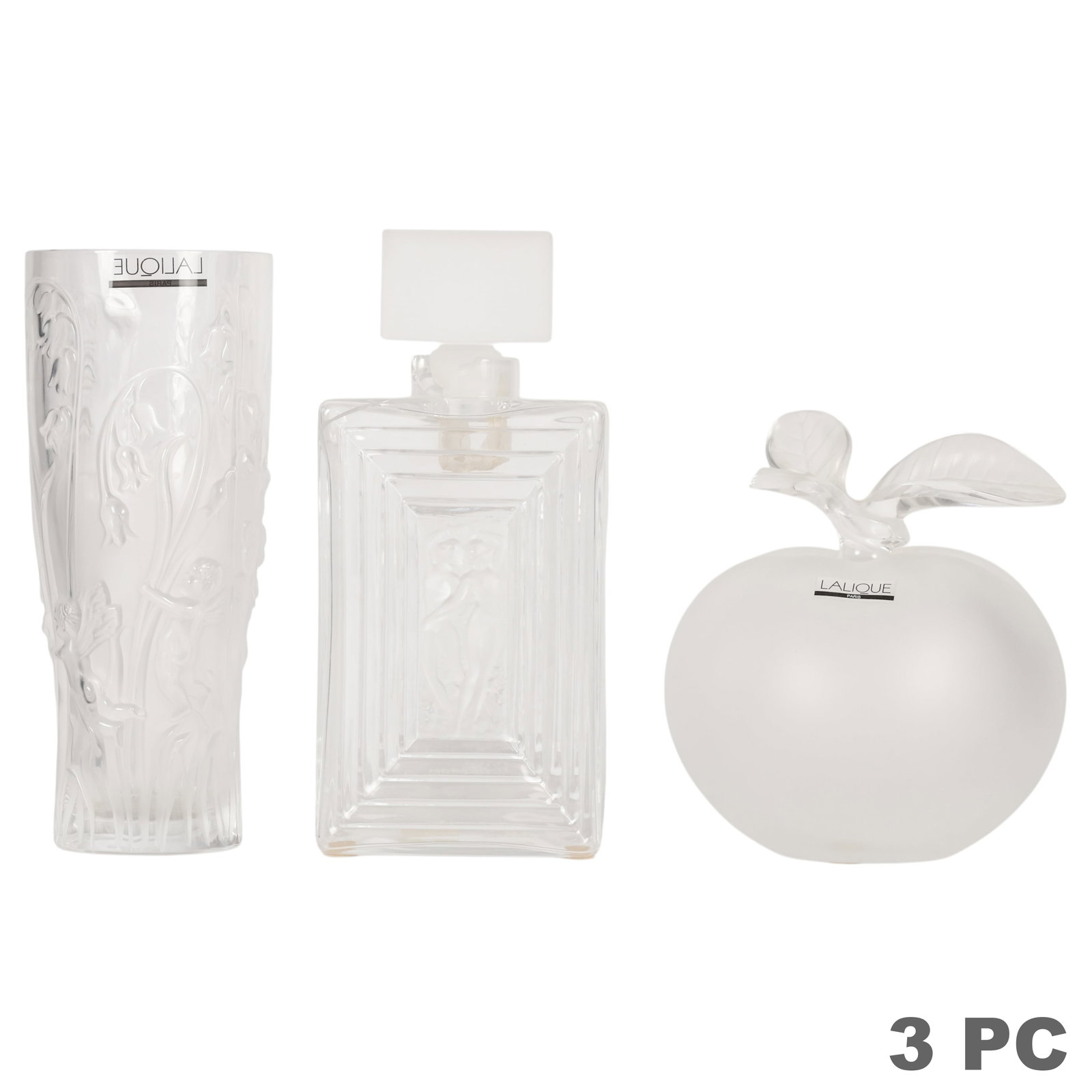 Lalique Crystal Vase and Perfume Bottles 3pc LOT: Lalique France three-piece crystal lot including an Elfes frosted crystal vase featuring dancing nude fairy figures in relief among scrolling foliage, a Grande Pomme frosted crystal apple-form perfume