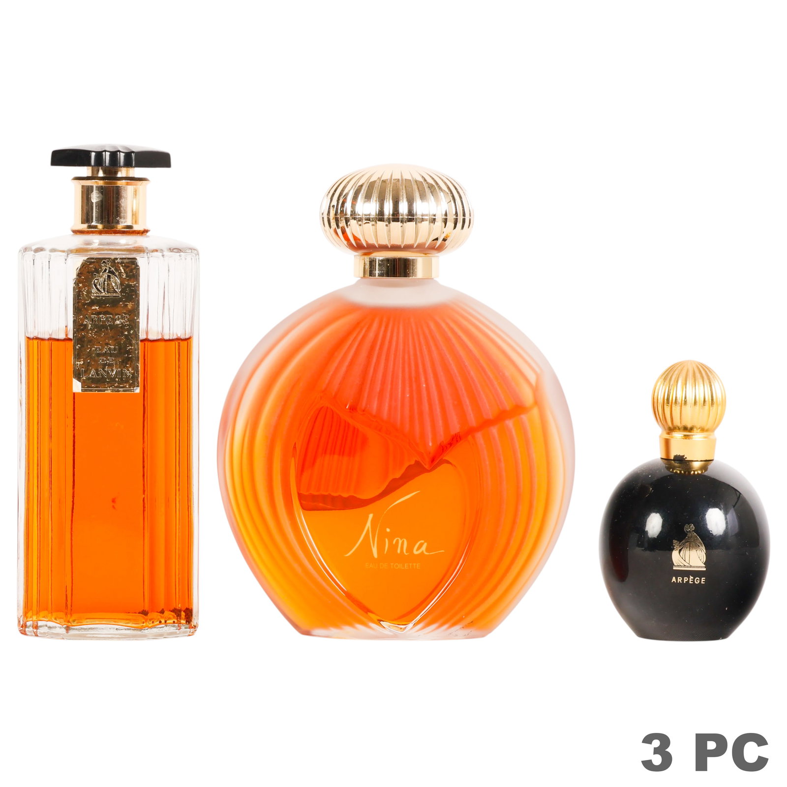 Lalique Nina Ricci & Arpege Perfume Bottle 3pc LOT: Lot of three vintage perfume bottles comprising a Nina Ricci Nina Eau de Toilette bottle with frosted ribbed glass body and gilt stopper, a Lanvin Arpege Eau de Lanvin faceted glass bottle with origin