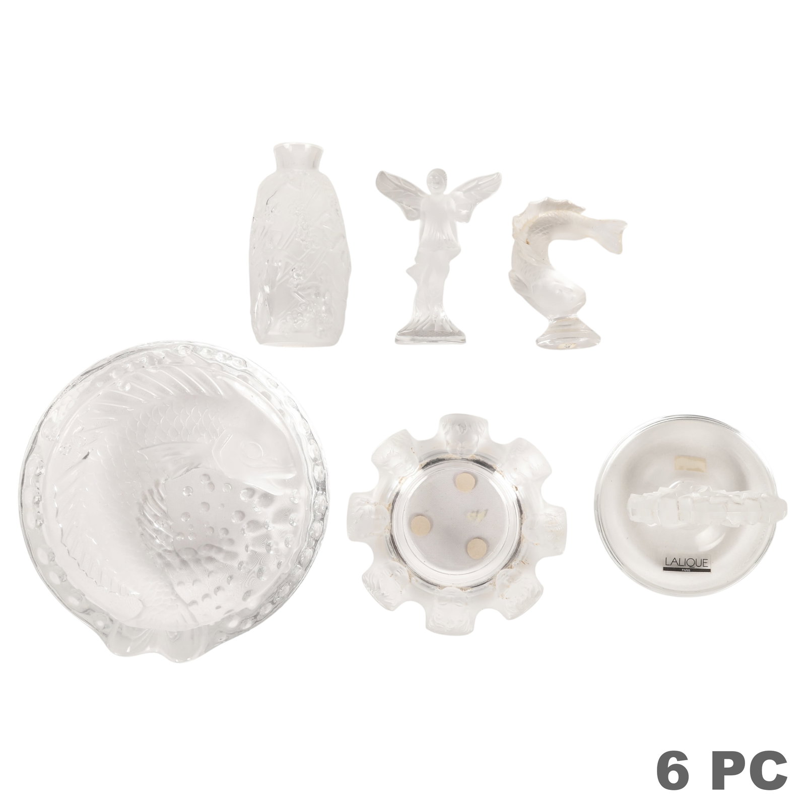 Lalique French Crystal Dish Figure & Vase 6pc LOT: Lalique France estate collection of six crystal decorative articles including a St. Nicholas pattern trinket dish or ashtray, Femme Fleurs bud vase, Concarneau koi fish ashtray, Goujon leaping fish fi