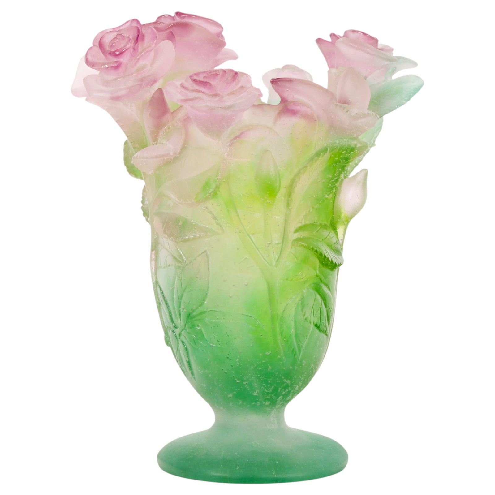 Daum Pate de Verre Glass Pink and Green Roses Vase: Daum France pate-de-verre art glass vase modeled as a bouquet of blooming roses with finely detailed leaves and blossoms. Executed in translucent green and frosted pink glass, the sculptural vessel sh
