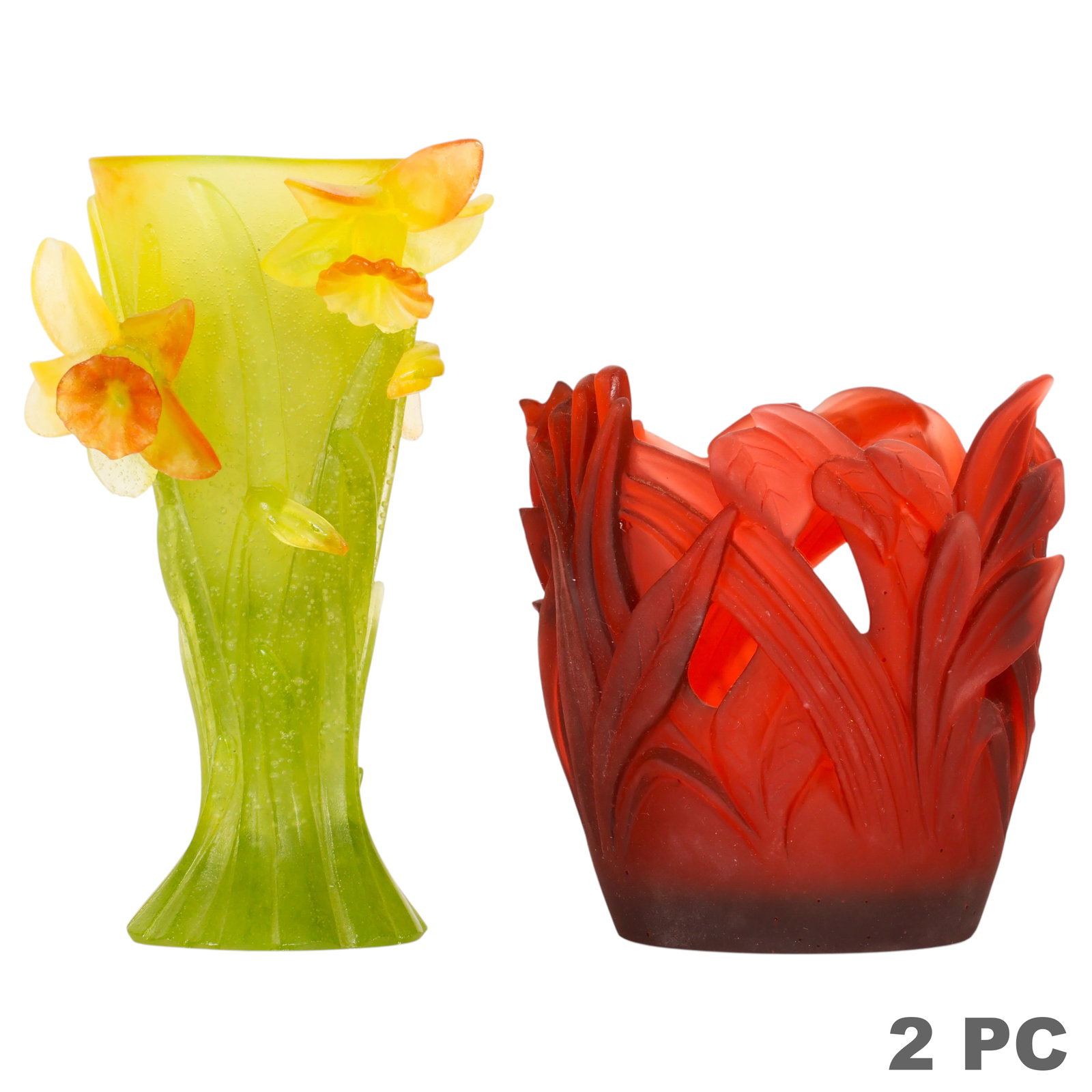 Daum French Pate de Verre Green Red Vases 2pc LOT: Daum France lot of two pate-de-verre art glass vases comprising a green and amber floral trumpet-form vase adorned with applied narcissus blossoms and buds, together with an amber-red floral vase feat