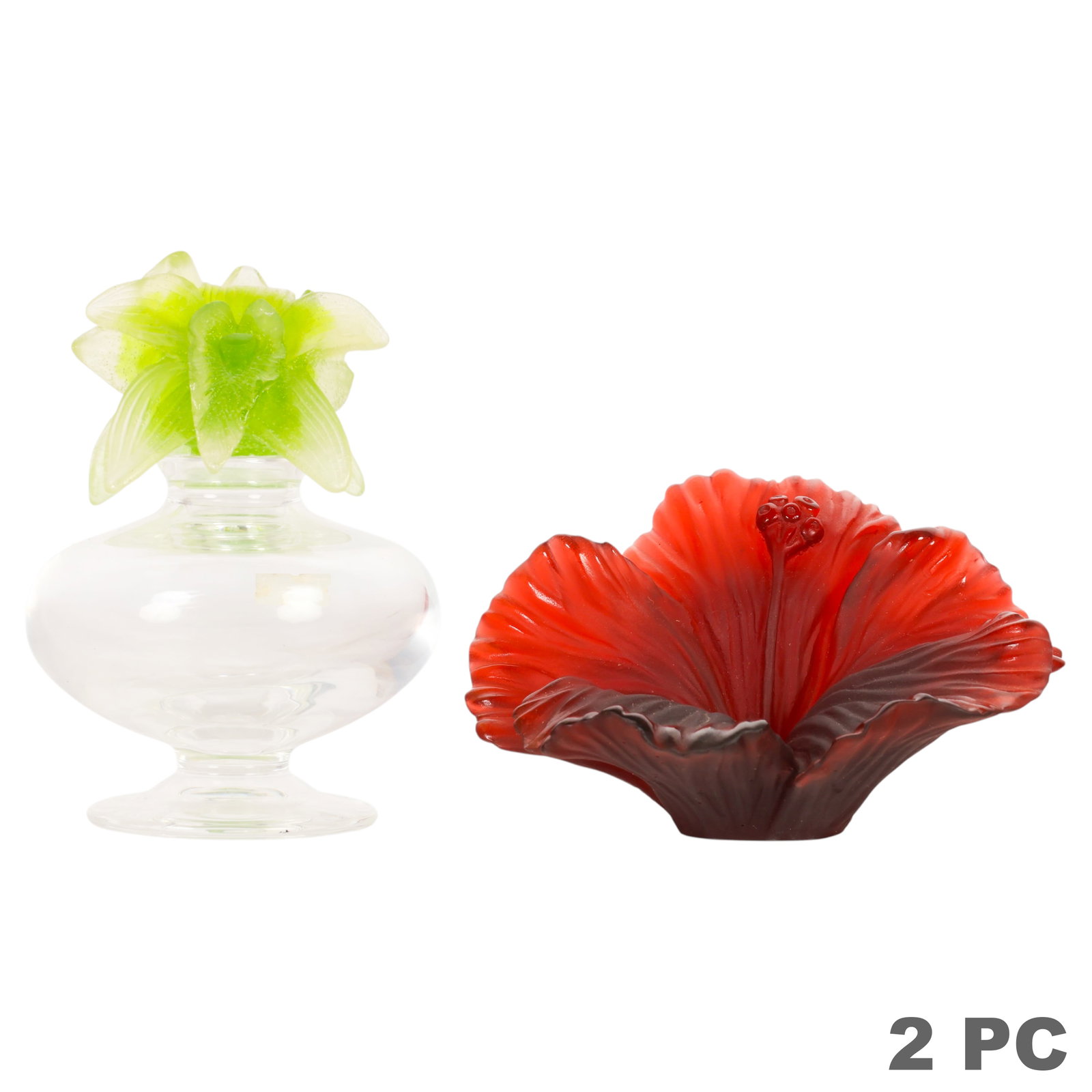 Daum French Pate de Verre Perfume & Flower 2pc LOT: Daum France two-piece pate-de-verre art glass decorative object group comprising a perfume bottle with narcissus blossom stopper and a hibiscus-form bowl or vide-poche. Both exhibit molded petal forms