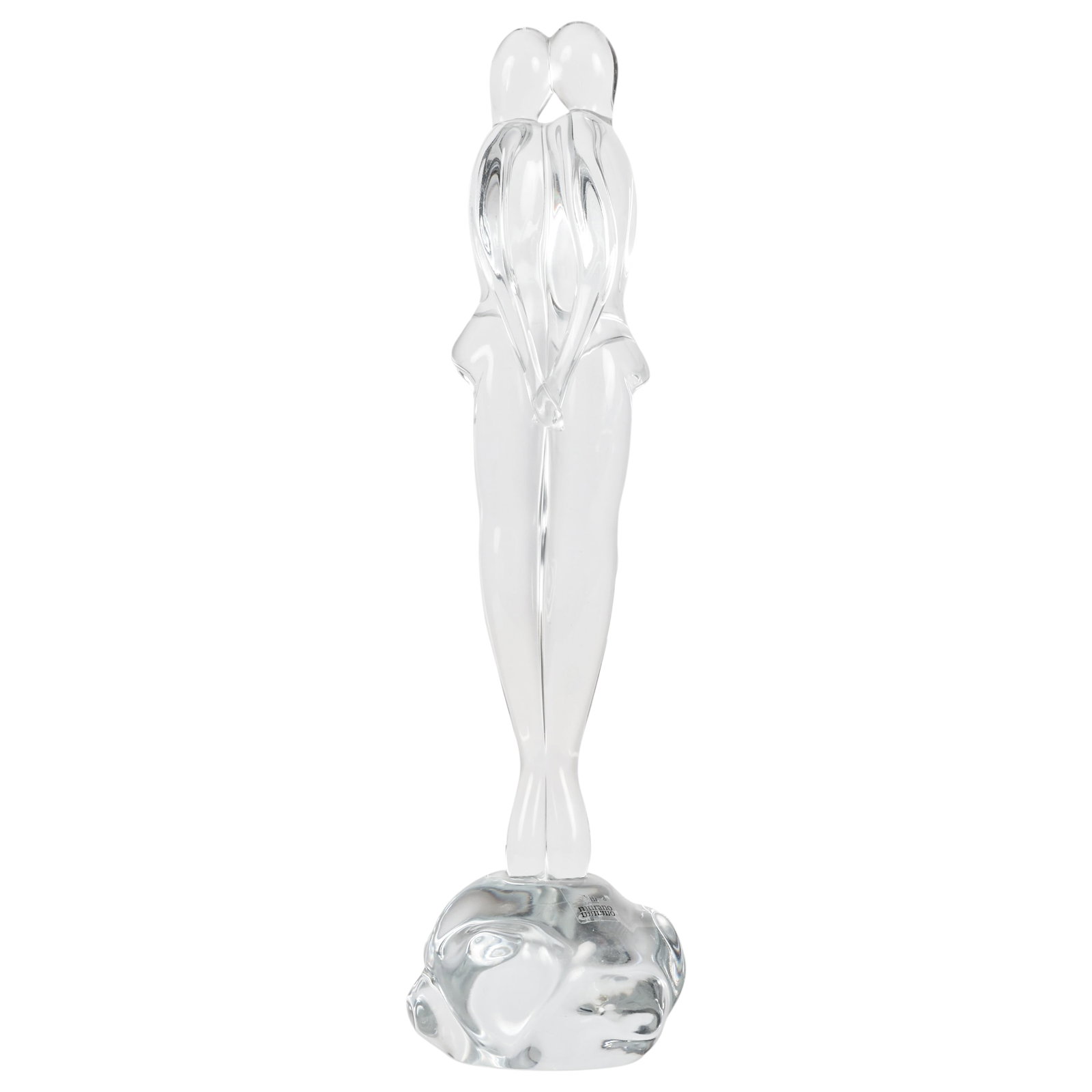 Murano Embraced Couple Art Glass Sculpture SIGNED: Modern Murano art glass sculpture depicting an abstract embracing human couple rendered in clear freeform glass. The elongated stylized figures rise from an organically shaped base, creating a dynamic