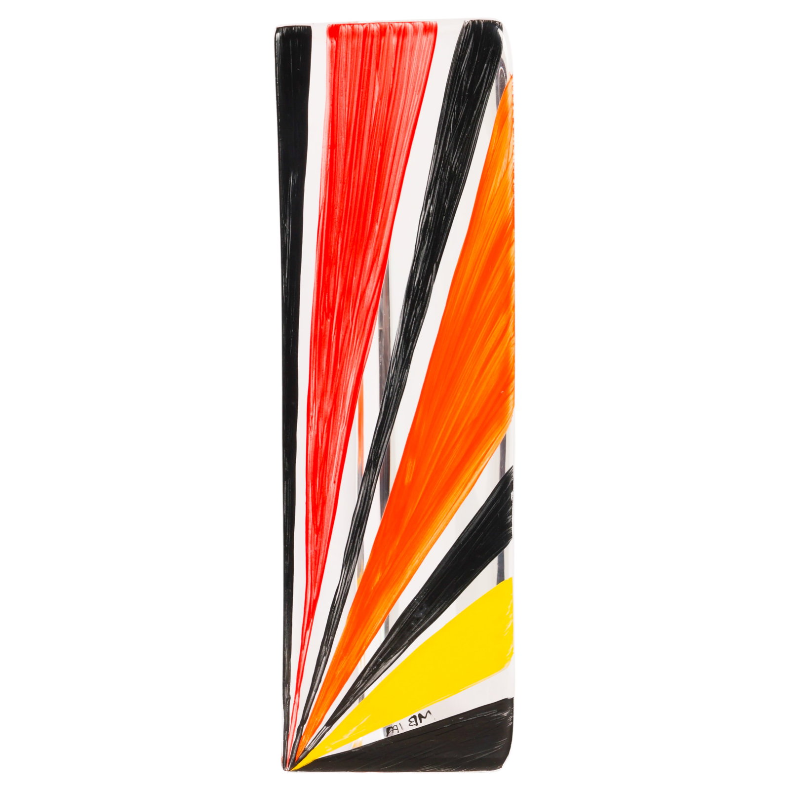 Kosta Boda Glass Monica Backstrom 1939-2020 SIGNED: Monica Backstrom (Swedish, 1939-2020) for Kosta Boda art glass Kaleidoscope sculpture, circa 1990s, featuring a triangular geometric straight prism form of clear blown glass. One side feature hand-pai
