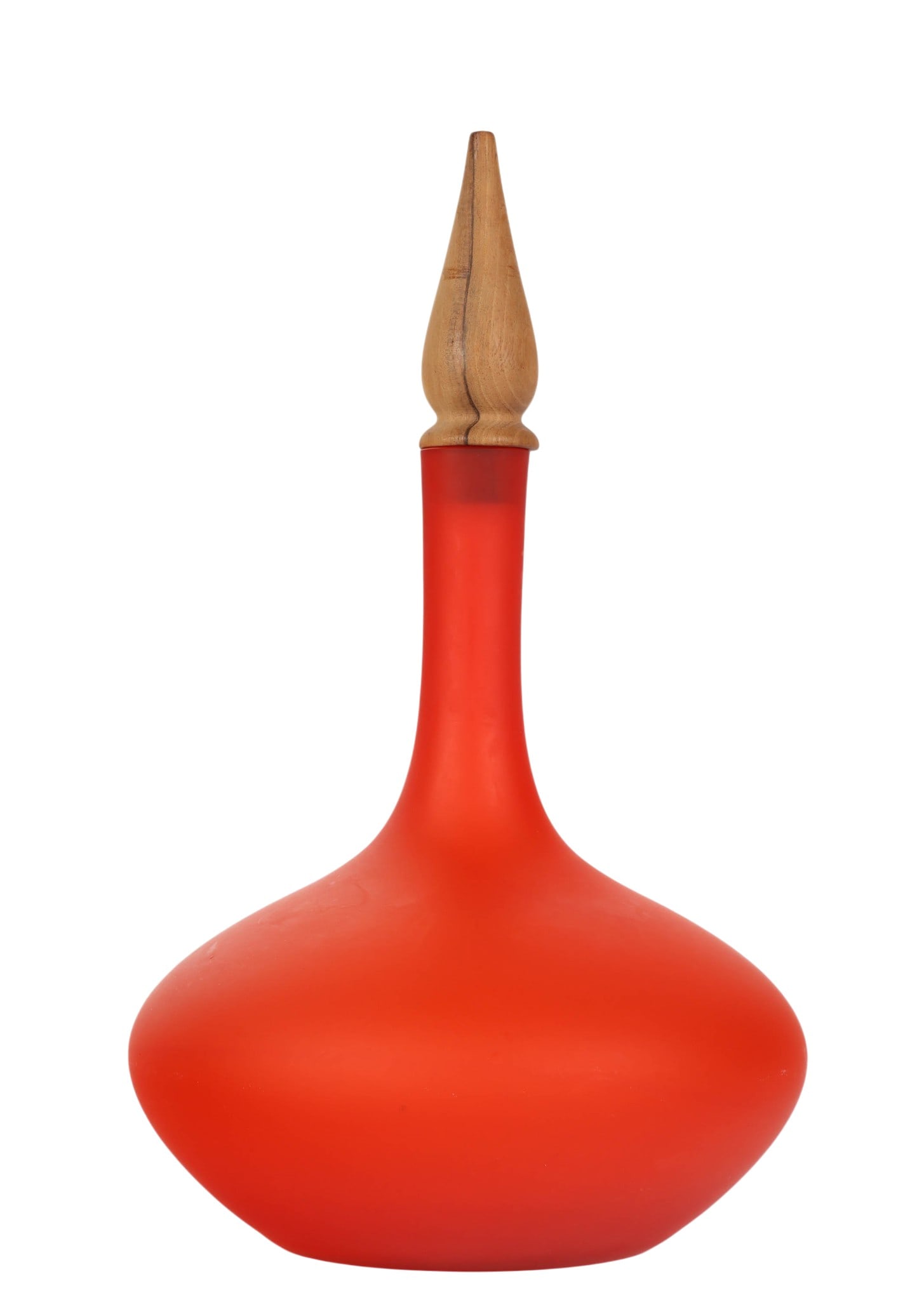 Carlo Moretti Orange Glass Decanter w Wood Stopper: Attributed to Carlo Moretti (Italian, 20th Century) frosted orange art glass decanter featuring a rounded bulbous body with a long tapering neck and fitted carved wood stopper. No apparent maker's mar