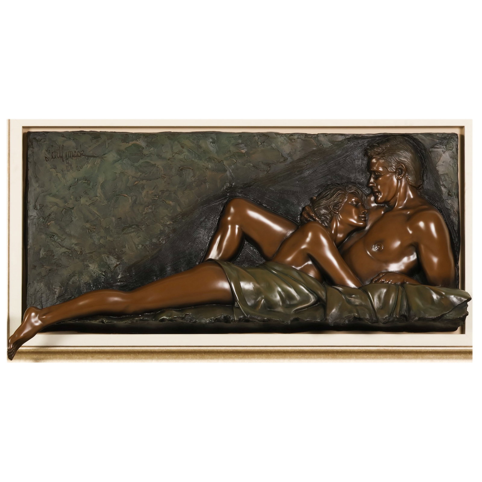 Bill Mack b.1944 Forever Bronzed Relief Sculpture: Bill Mack (American, born 1944), Forever, limited edition bonded bronze wall art sculpture depicting a reclining nude couple in high relief against a textured abstract background. Incised artist signa