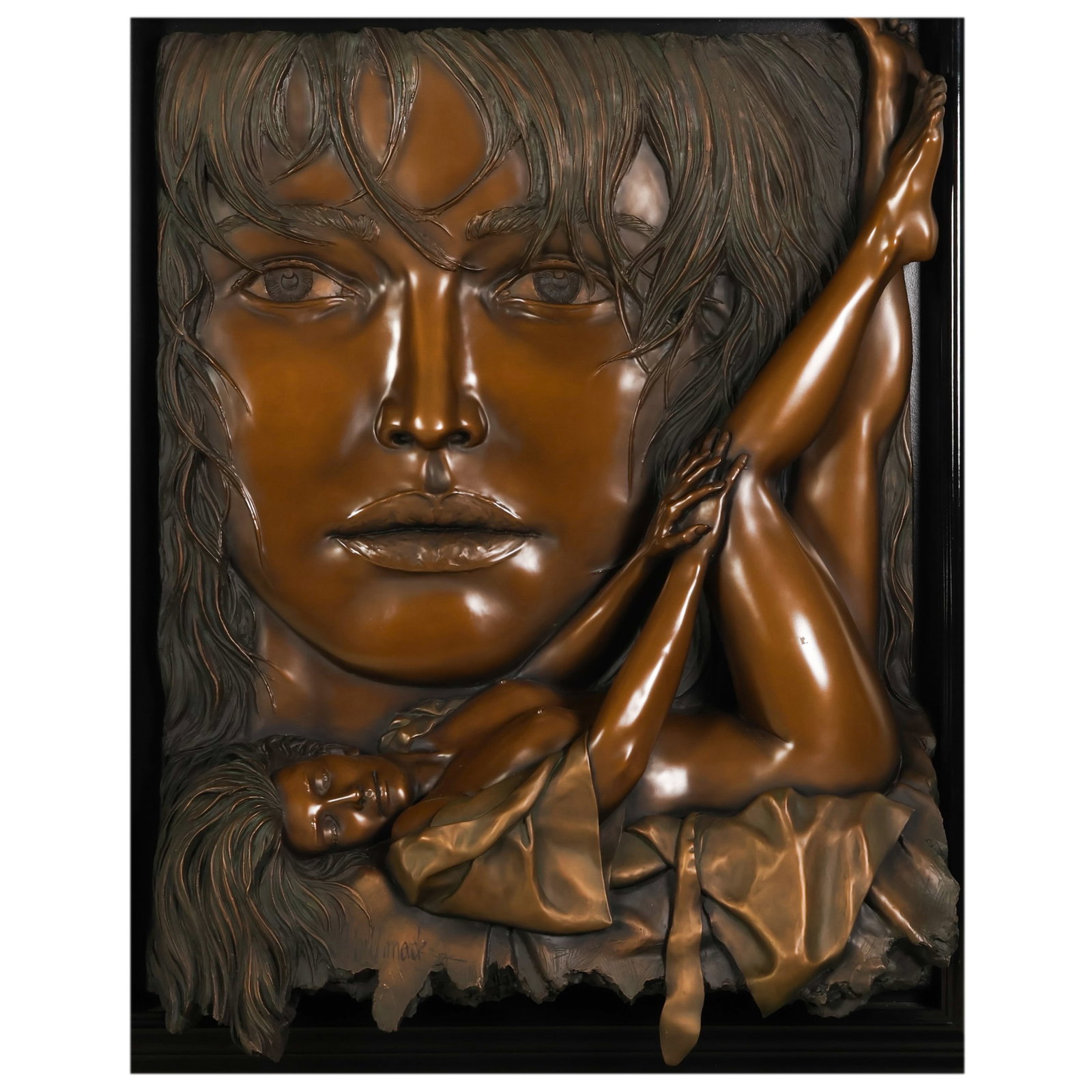 Bill Mack b.1944 Rapture Bronzed Relief Sculpture: Bill Mack (American, born 1944), Rapture, bonded bronze relief wall sculpture depicting a reclining nude female figure before a larger stylized female portrait backdrop. Presented in a deep black shad