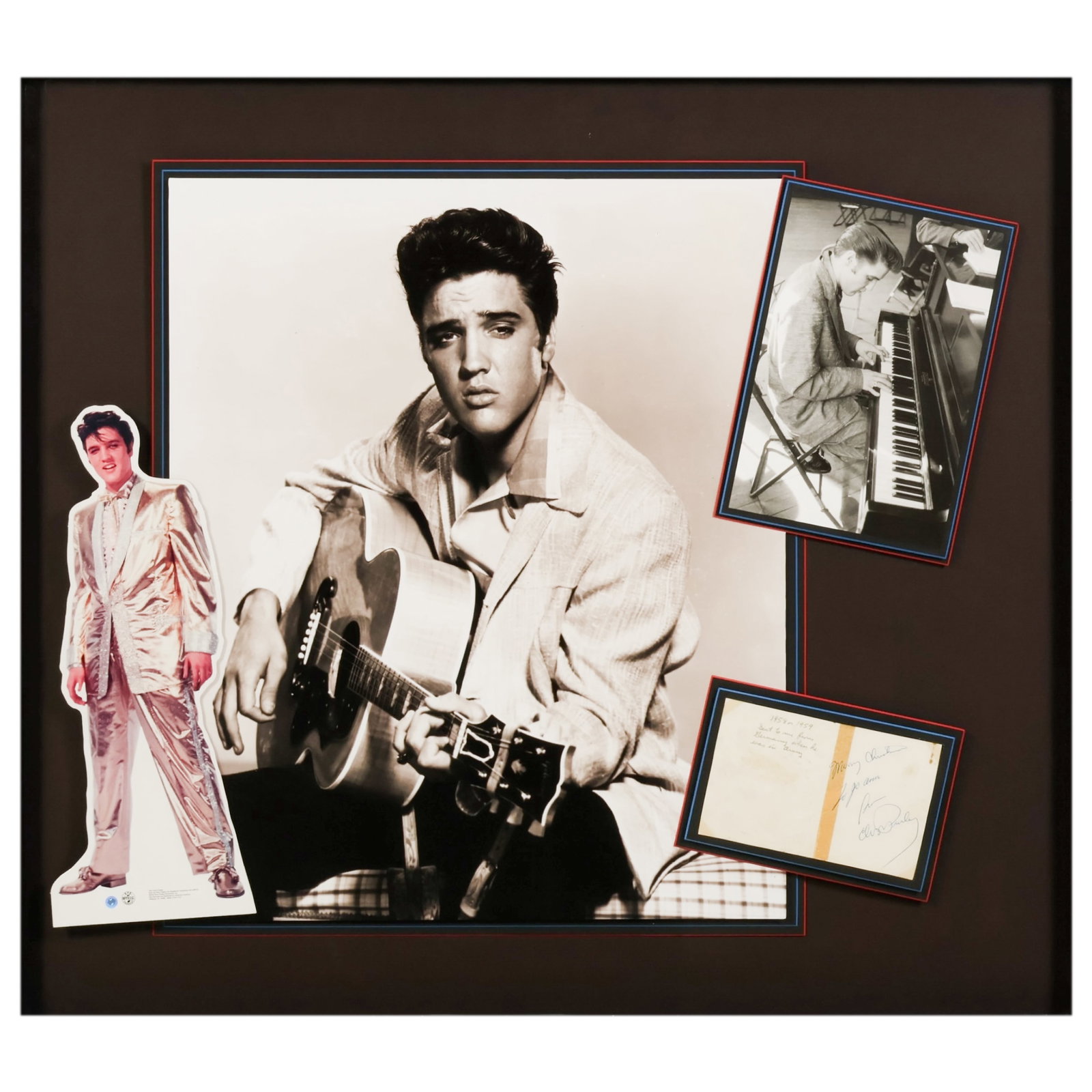 Elvis Presley Army Letter Collage Shadowbox SIGNED: Elvis Presley (American, 1935-1977), memorabilia shadowbox collage featuring a black-and-white photographic portrait of Elvis holding a guitar, an accompanying piano performance photograph, a letter d