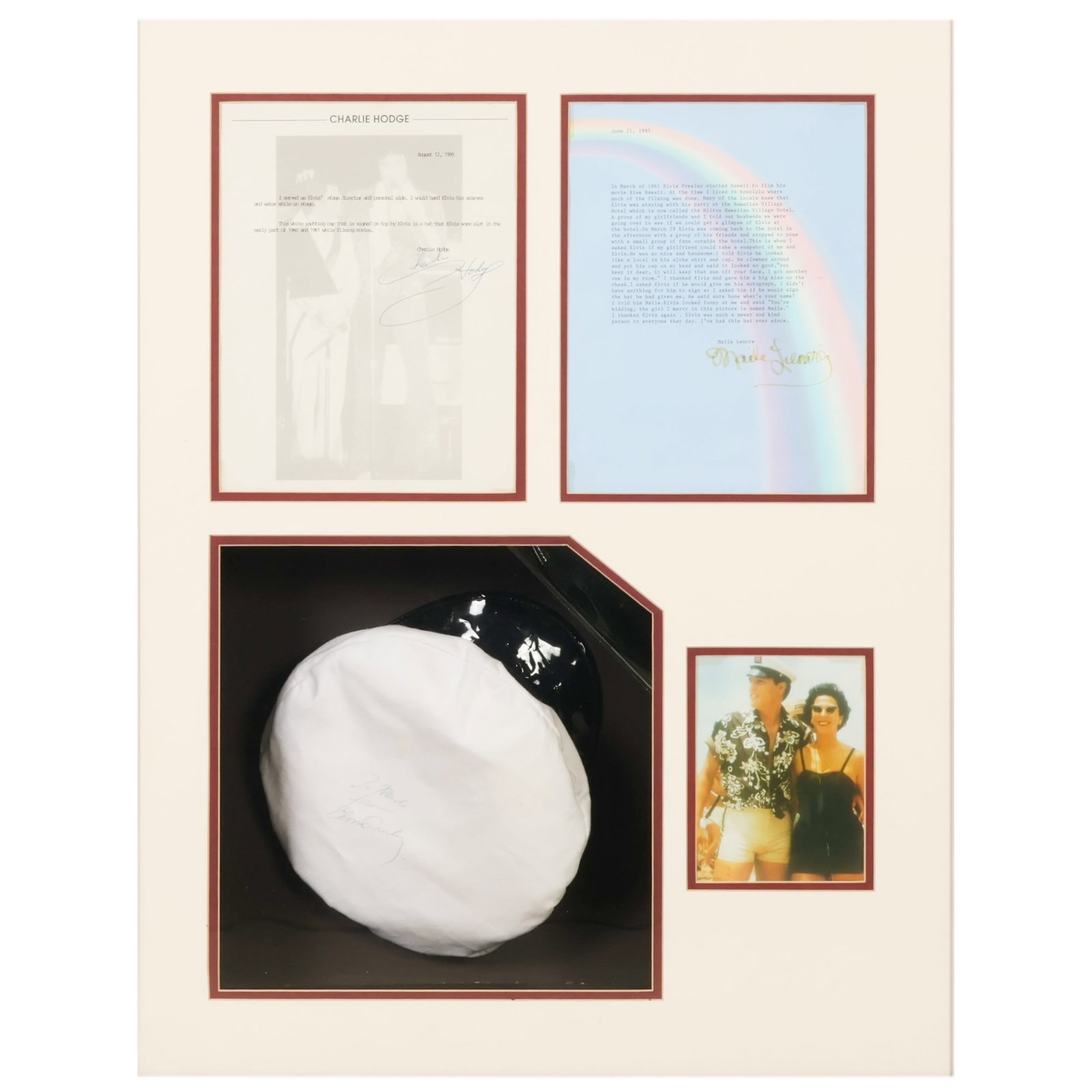 Elvis Presley Blue Hawaii Yacht Cap Display SIGNED: Elvis Presley (American, 1935-1977), memorabilia shadowbox display featuring a white yachting cap with signature attributed to Elvis Presley, reportedly worn during the filming of Blue Hawaii in 1961.